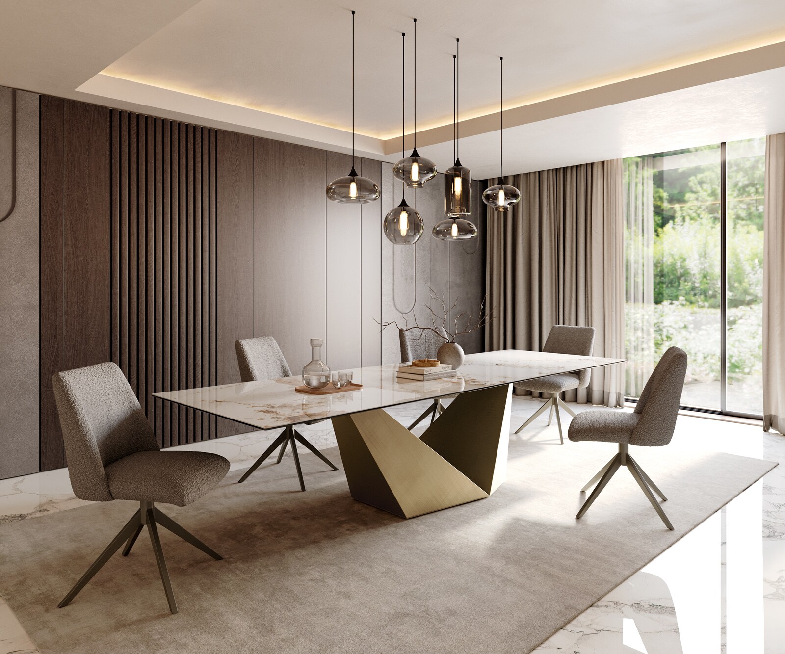 Eettafel Edge 300x100 keramiek  Minas Melange wit-beige  Prisma metaal goud 7