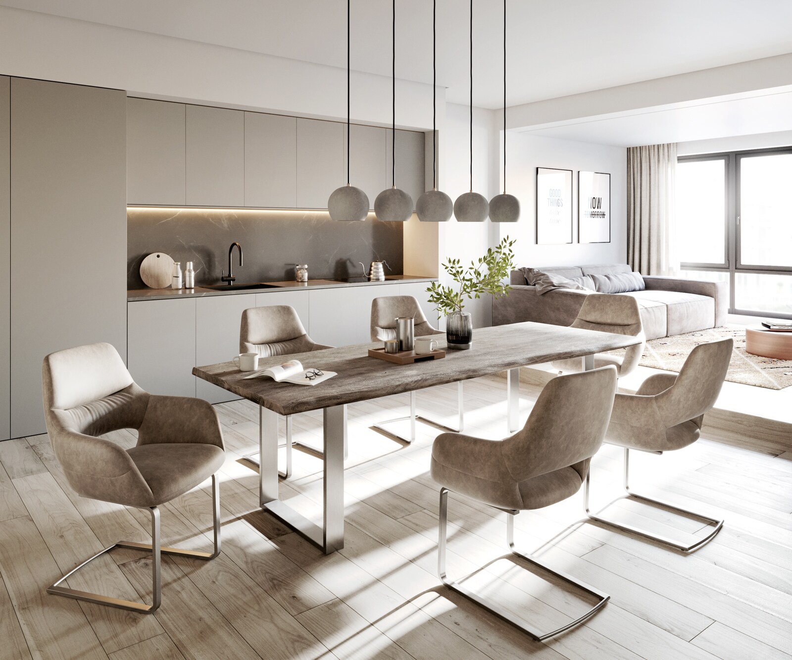 Sledemodel Yago-Flex met armleuning microvelours taupe vintage sledemodel vlak roestvrij staal pocketveer kern 4