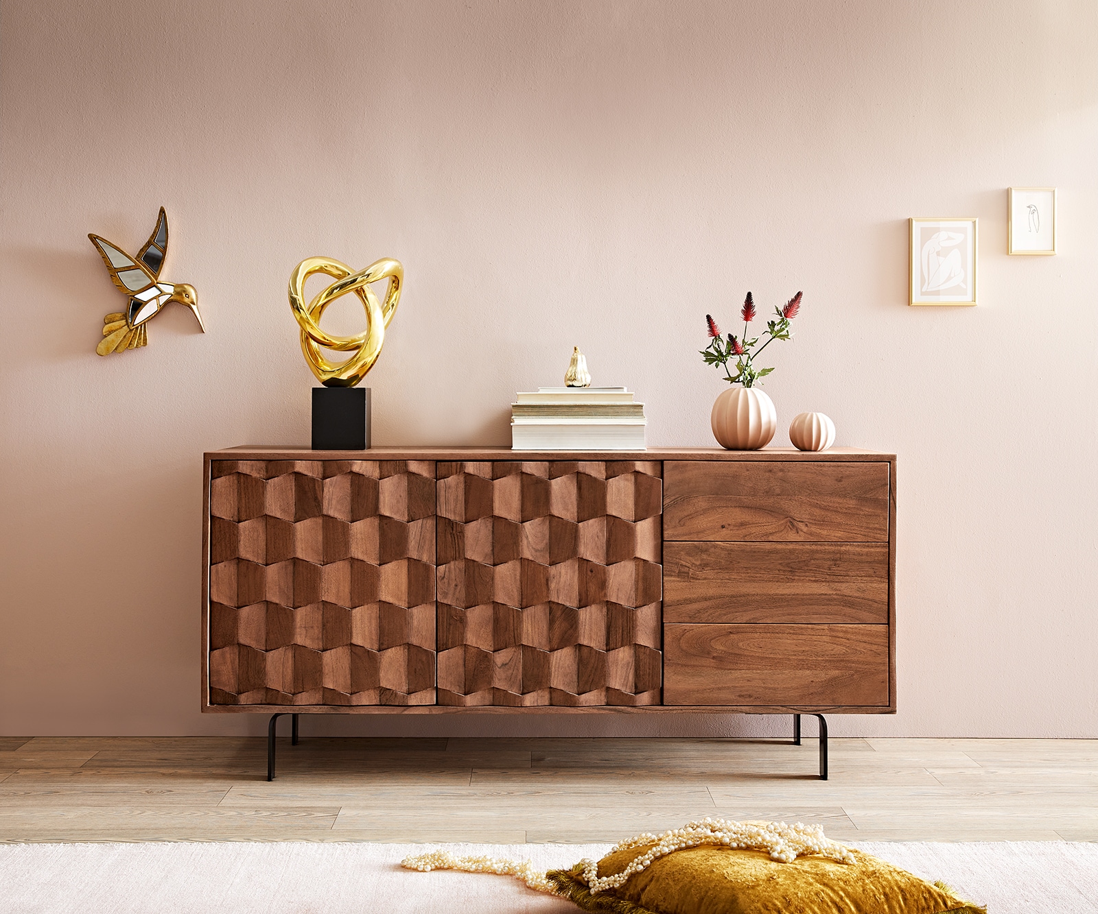Dressoir Fevo 145 cm acacia bruin 2 deuren 3 schuifladen L-poot 1 Dressoir Fevo 145 cm acacia bruin 2 deuren 3 schuifladen L-poot 1
