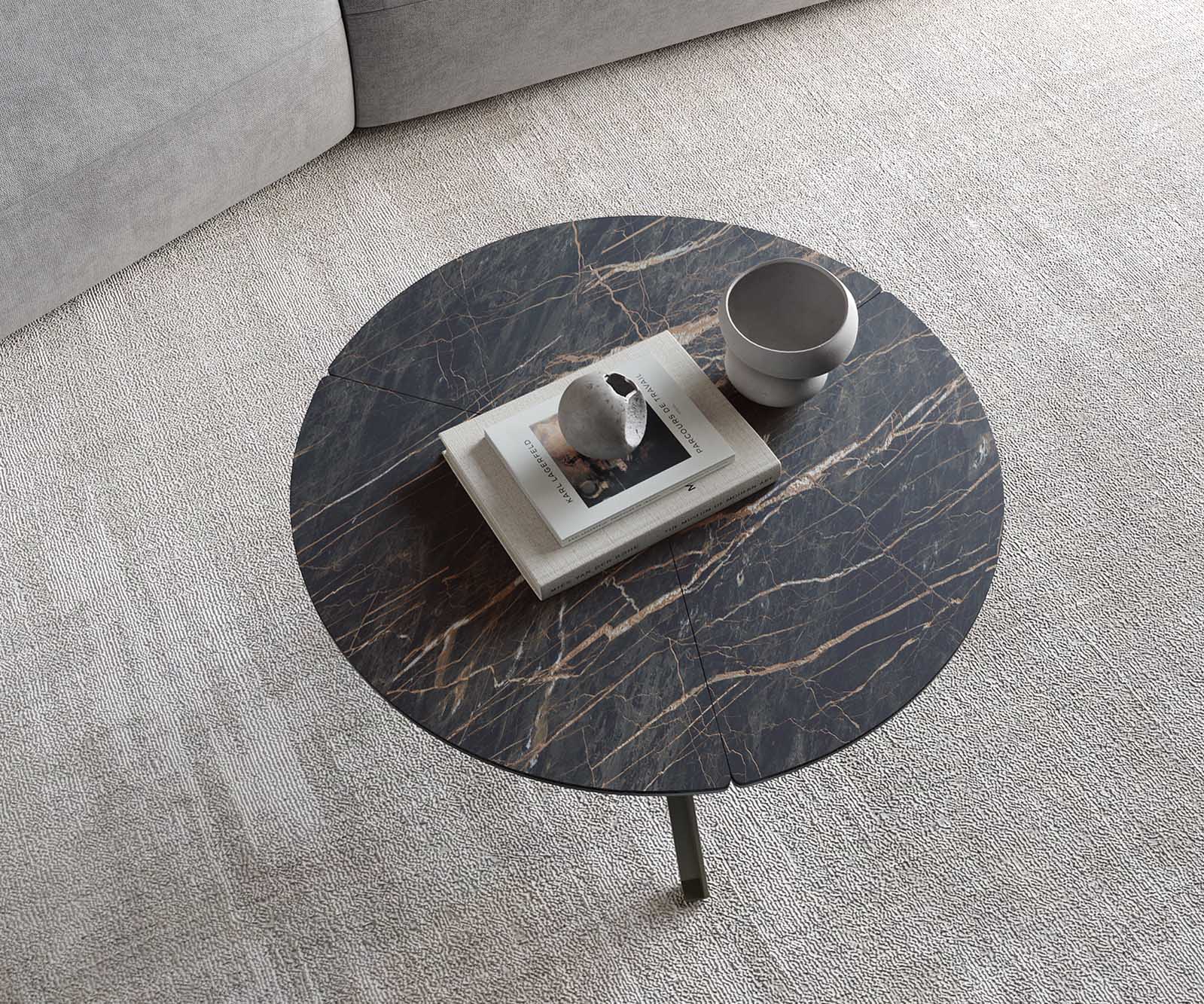Salontafel Delron 70x70 cm keramiek Laminam®Noir Desir Bruin Kruisvoet plat metaal effect afwerking Titanium 4