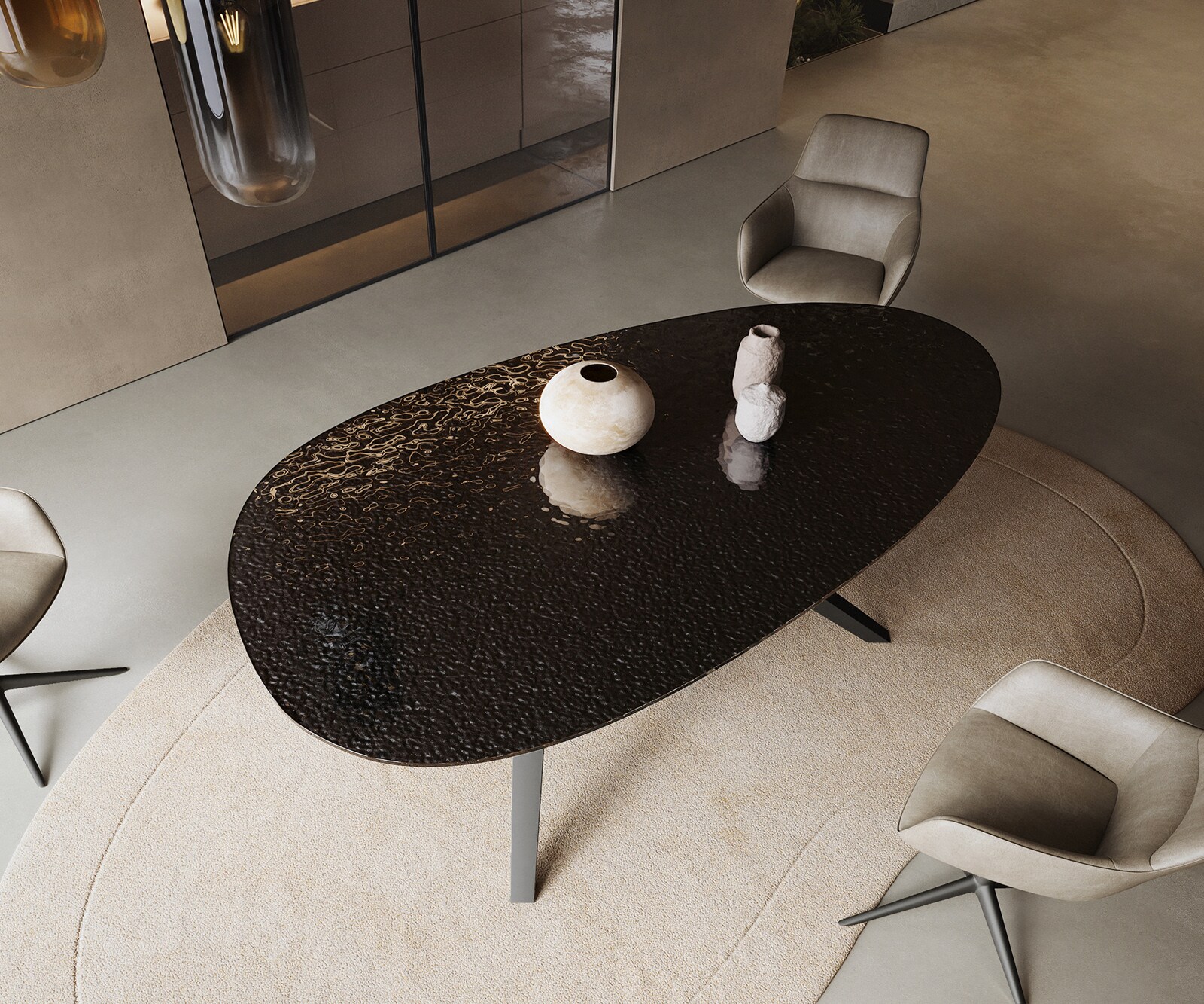 Eetkamertafel Edge ovaal 220x120 reliëfglas Rauchzwart 3D-Design Zenthara hoekig metaal zwart 3