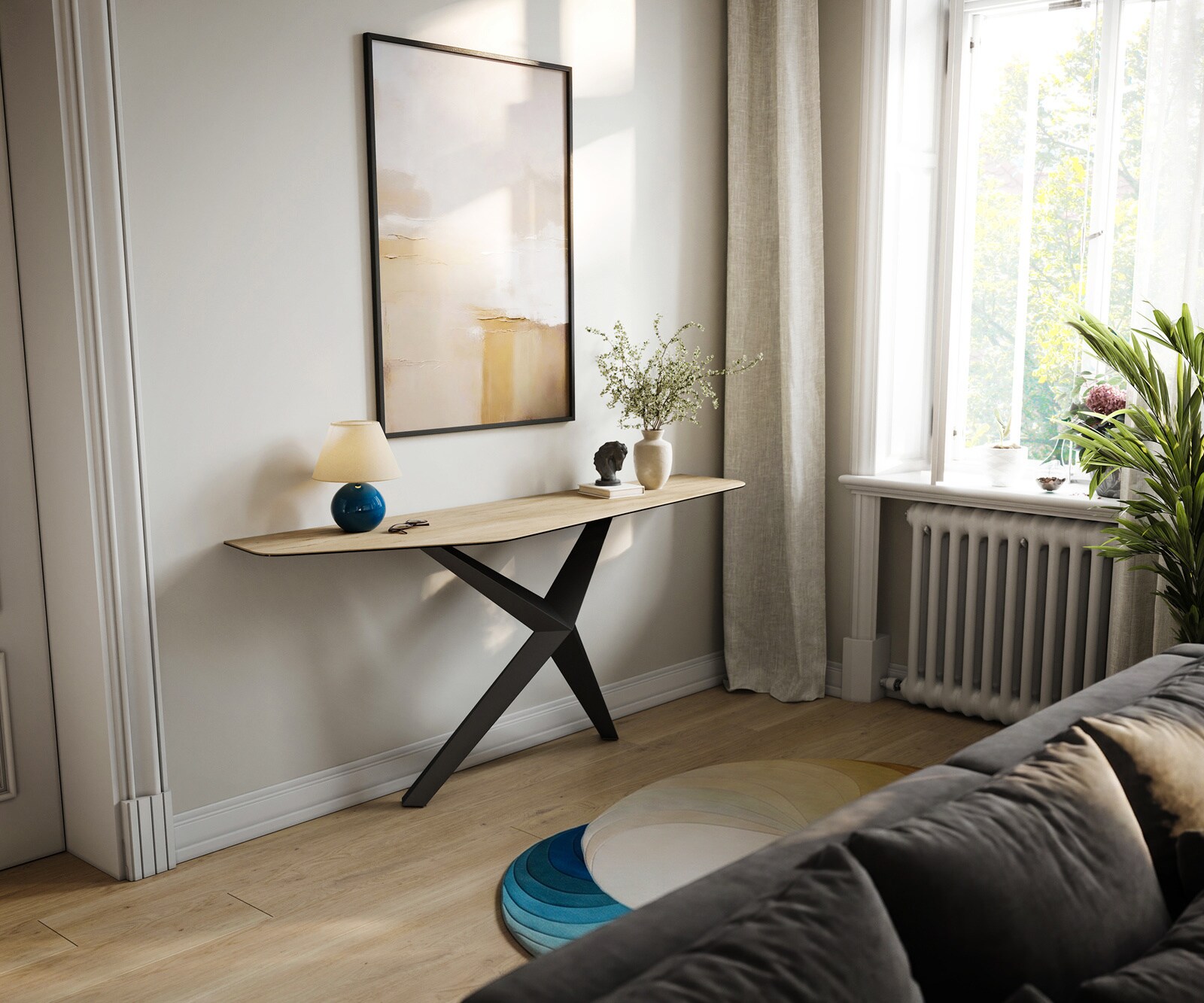 Consoletafel Edge Polygonaal 180x50 cm Keramiek Laminam® Sabbia Eichefarbig Zentharo Metaal Zwart 7