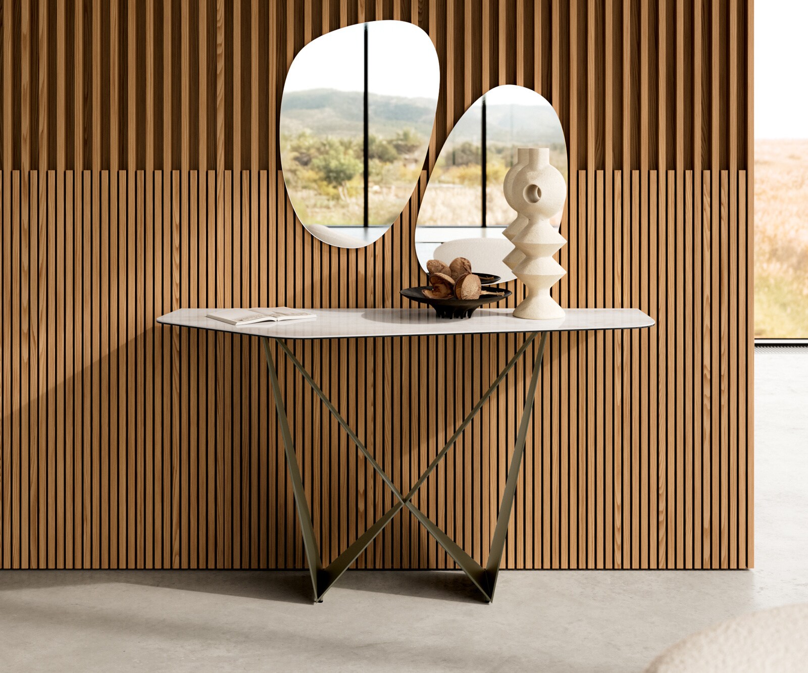 Consoletafel Edge Polygonaal 140x50 cm Keramiek Onyx Champagne Spios Metaal Effektfinish Titan 4