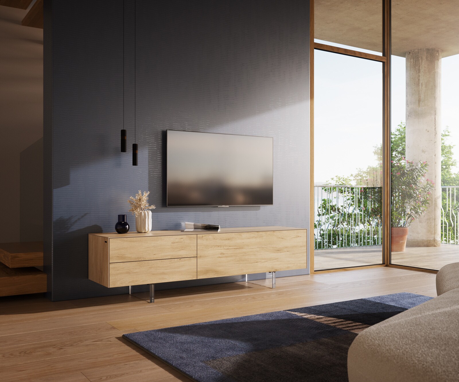 Tv-meubel Cuor 180 cm Keramiek Laminam® Sabbia Eiken gekleurd 1 Flap 2 Laden Zwevende voet look Acrylglas