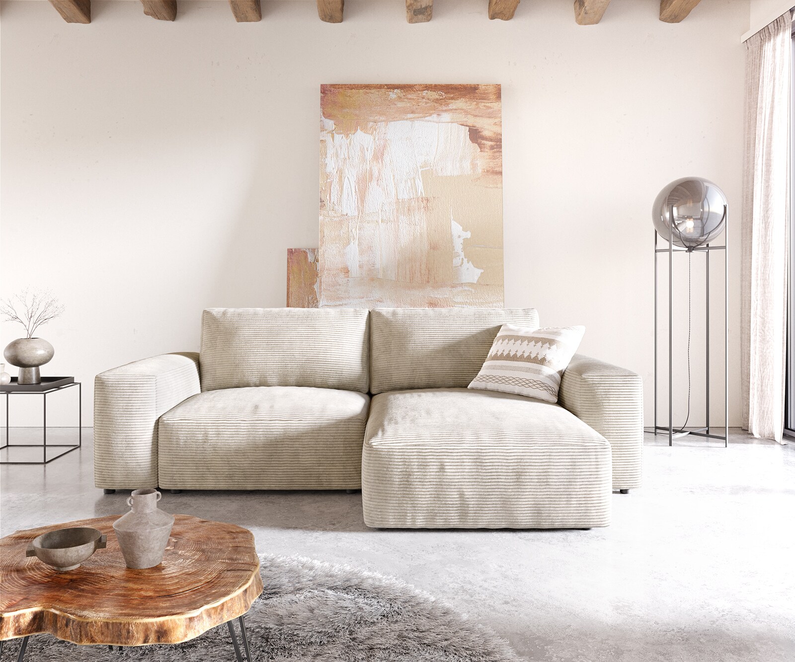 Hoeksofa Lanzo 230x155 cm ribcord beige met variabele recamière 1