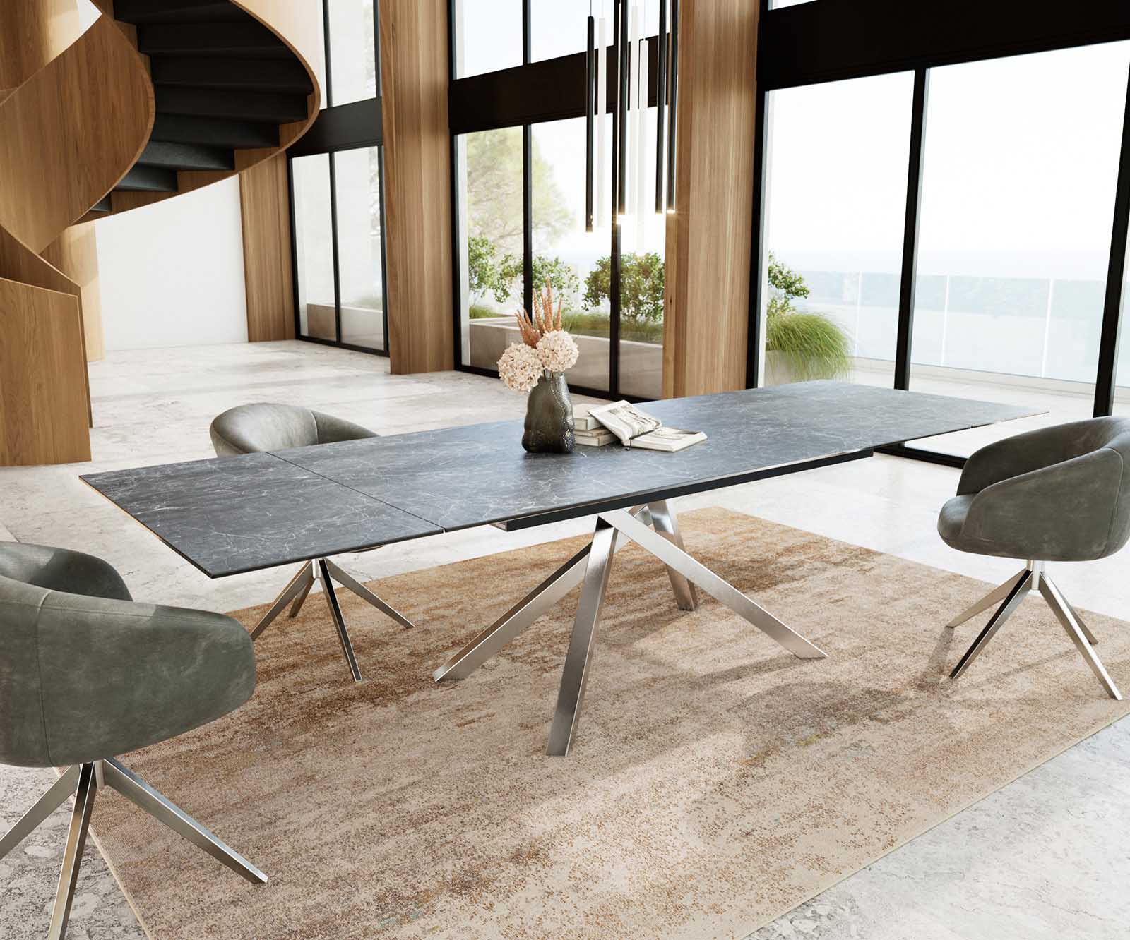 Eetkamertafel Edge 200-300x100 keramiek Laminam®Nero Greco grijs kruisframe rechthoek RVS uitschuifbaar 5 Eetkamertafel Edge 200-300x100 keramiek Laminam®Nero Greco grijs kruisframe rechthoek RVS uitschuifbaar 5