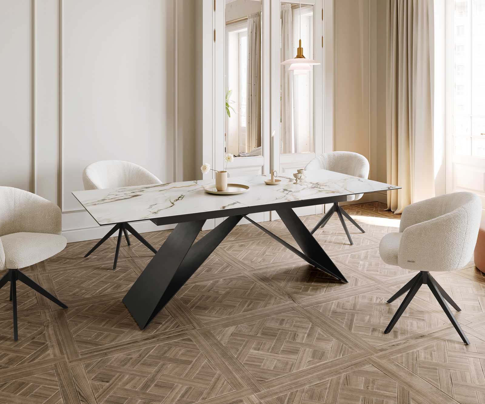 Eetkamertafel Edge 180-220x100 keramiek Calacatta Luxe wit-goud-grijs V-frame vlak staal zwart uitschuifbaar 8