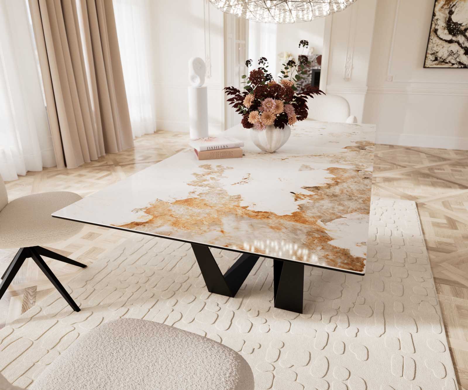 Eetkamertafel Edge 180-220x100 keramiek Minas Melange wit-beige spider vlak staal zwart uitschuifbaar 8