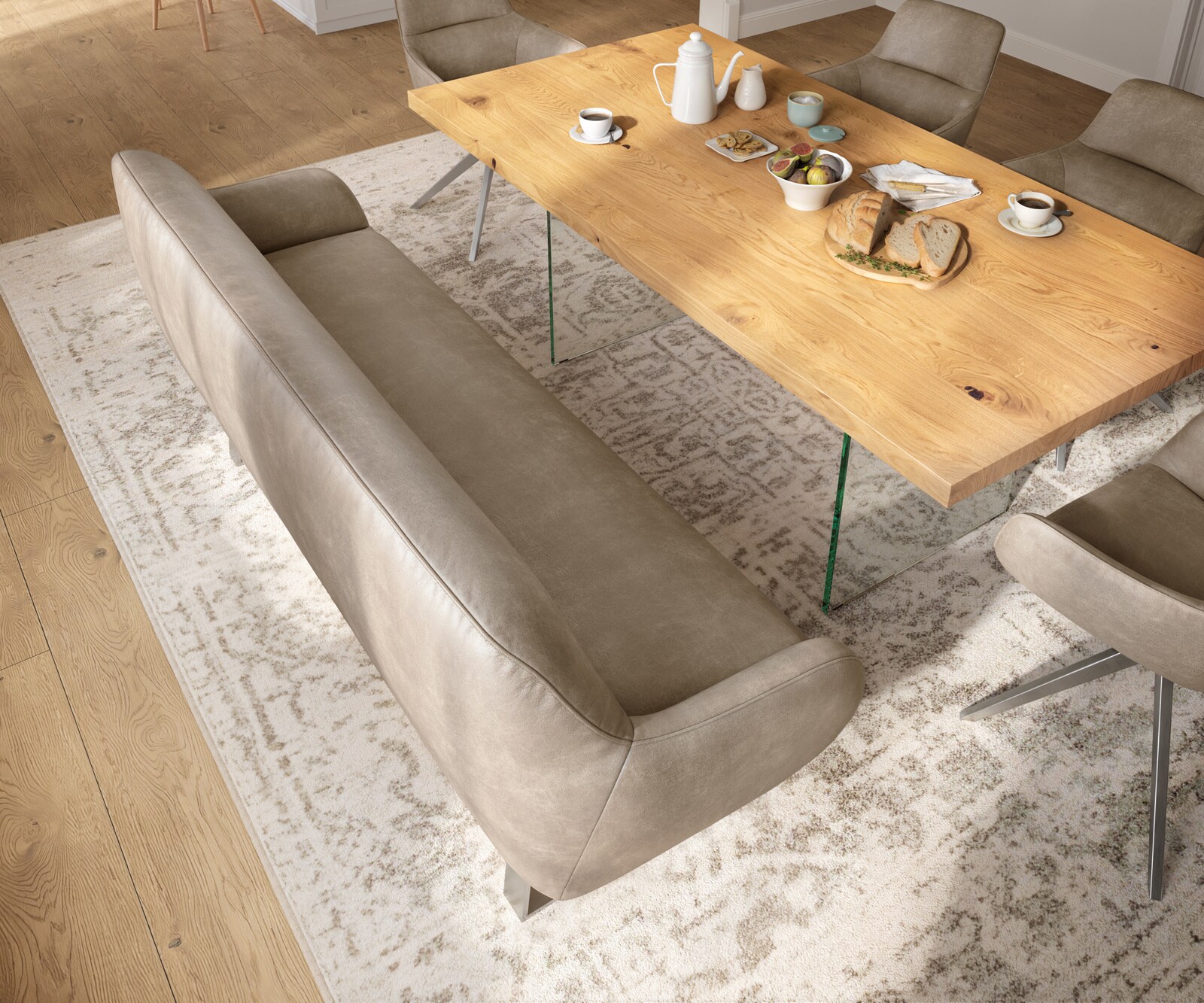 Eetkamerbank Taya-Flex 200 cm microvelours beige vintage gekant sledeframe roestvrij staal pocketvering 3