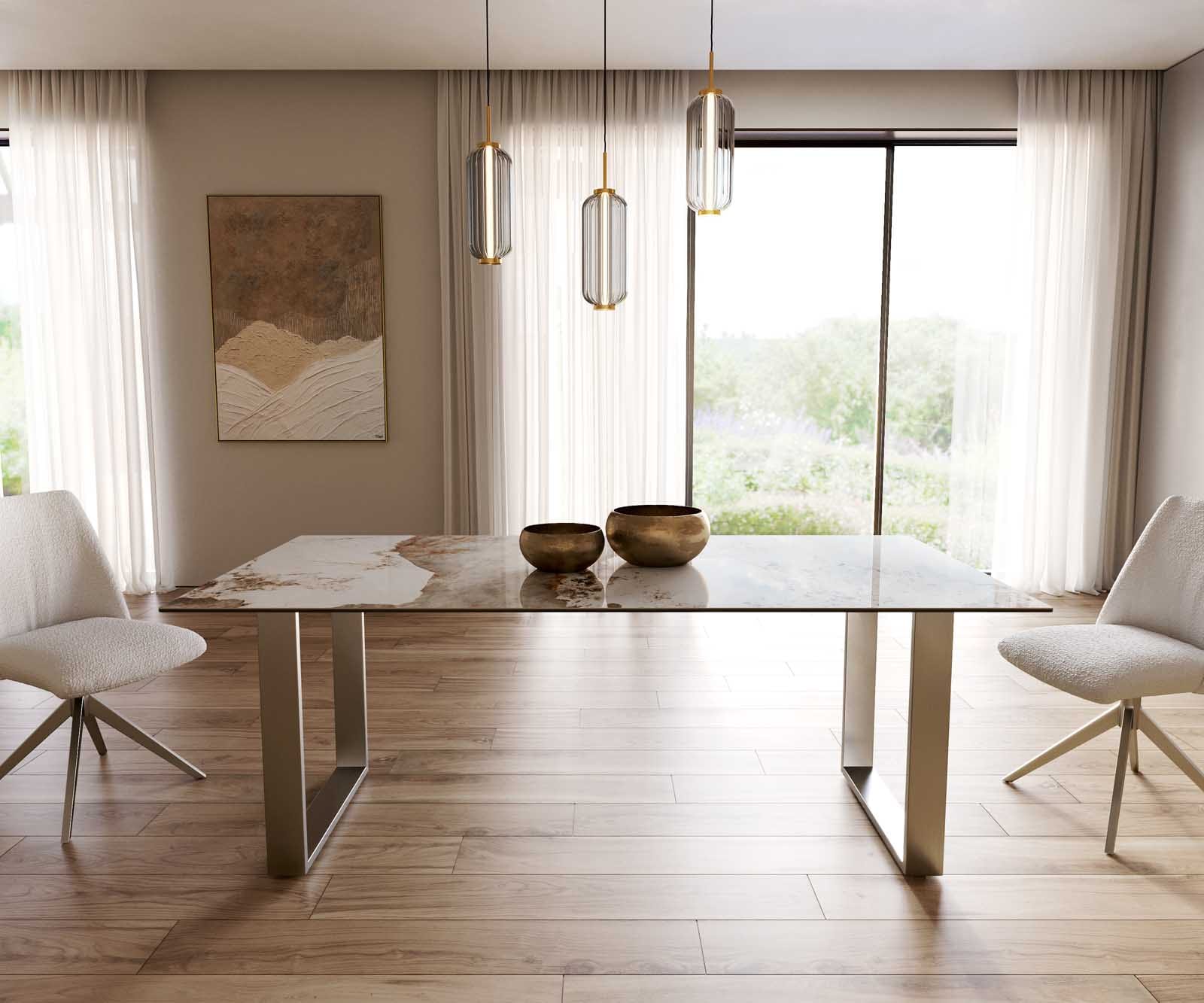 Eetkamertafel Edge 200x100 keramiek Minas Melange wit-beige RVS Schmal 1 Eetkamertafel Edge 200x100 keramiek Minas Melange wit-beige RVS Schmal 1