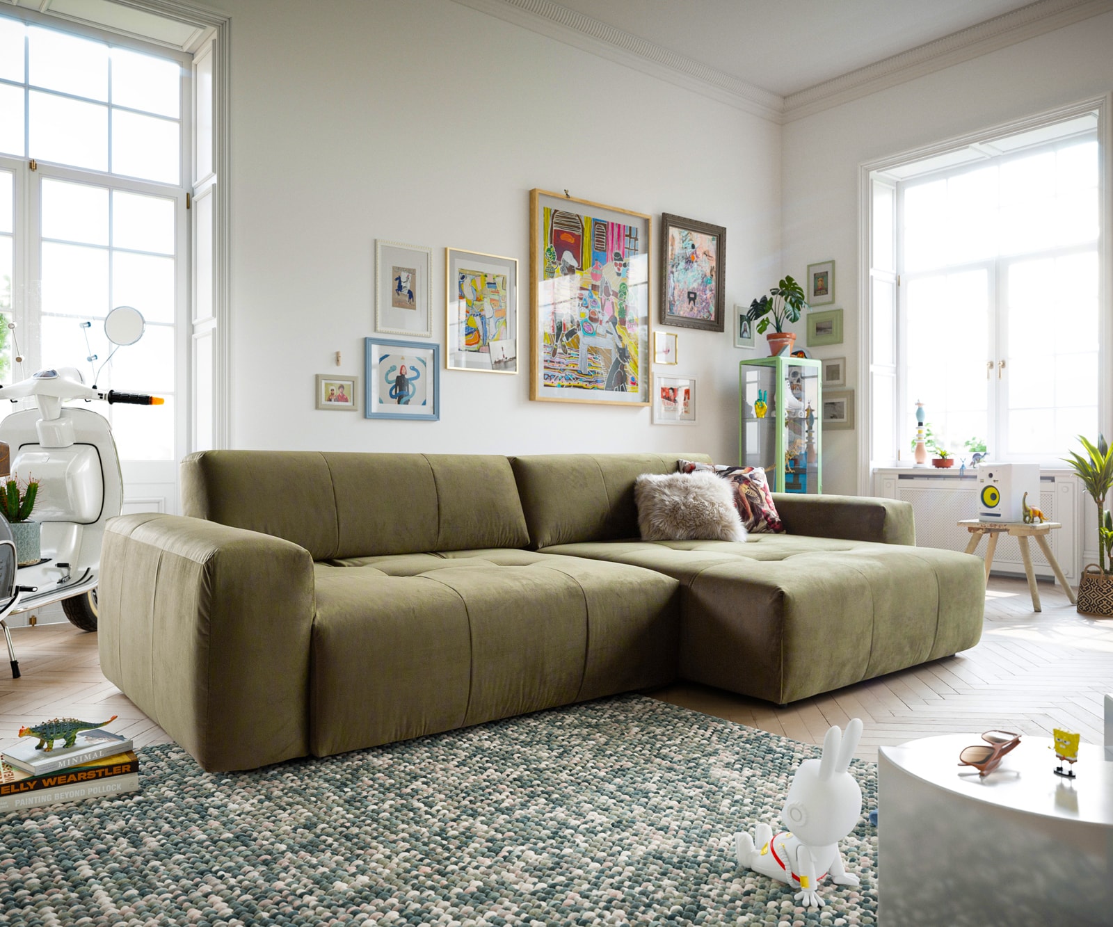 Hoekbank Lazaro 300x160 cm Fluweel olijf voetenbank Links met zitdiepteverstelling