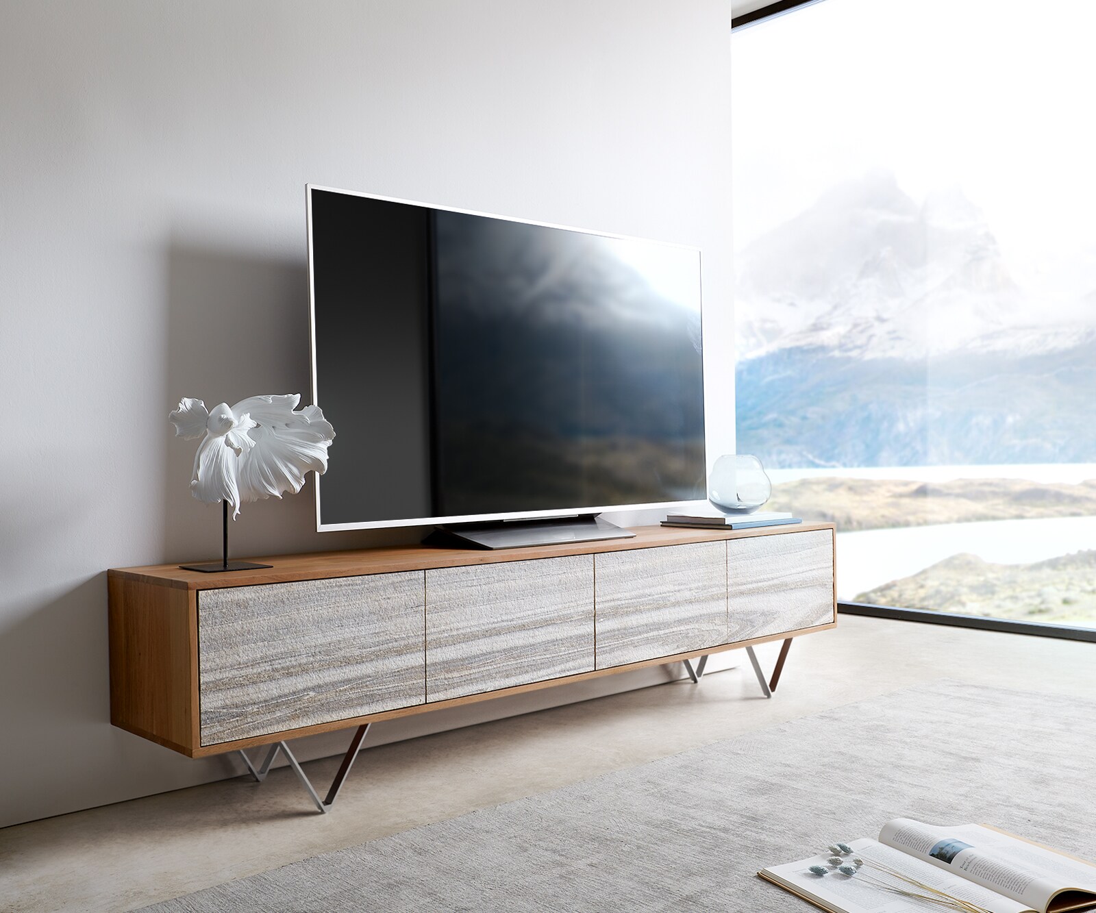 Tv-meubel Kleo 200 cm acacia natuur 4 deuren V-poot RVS