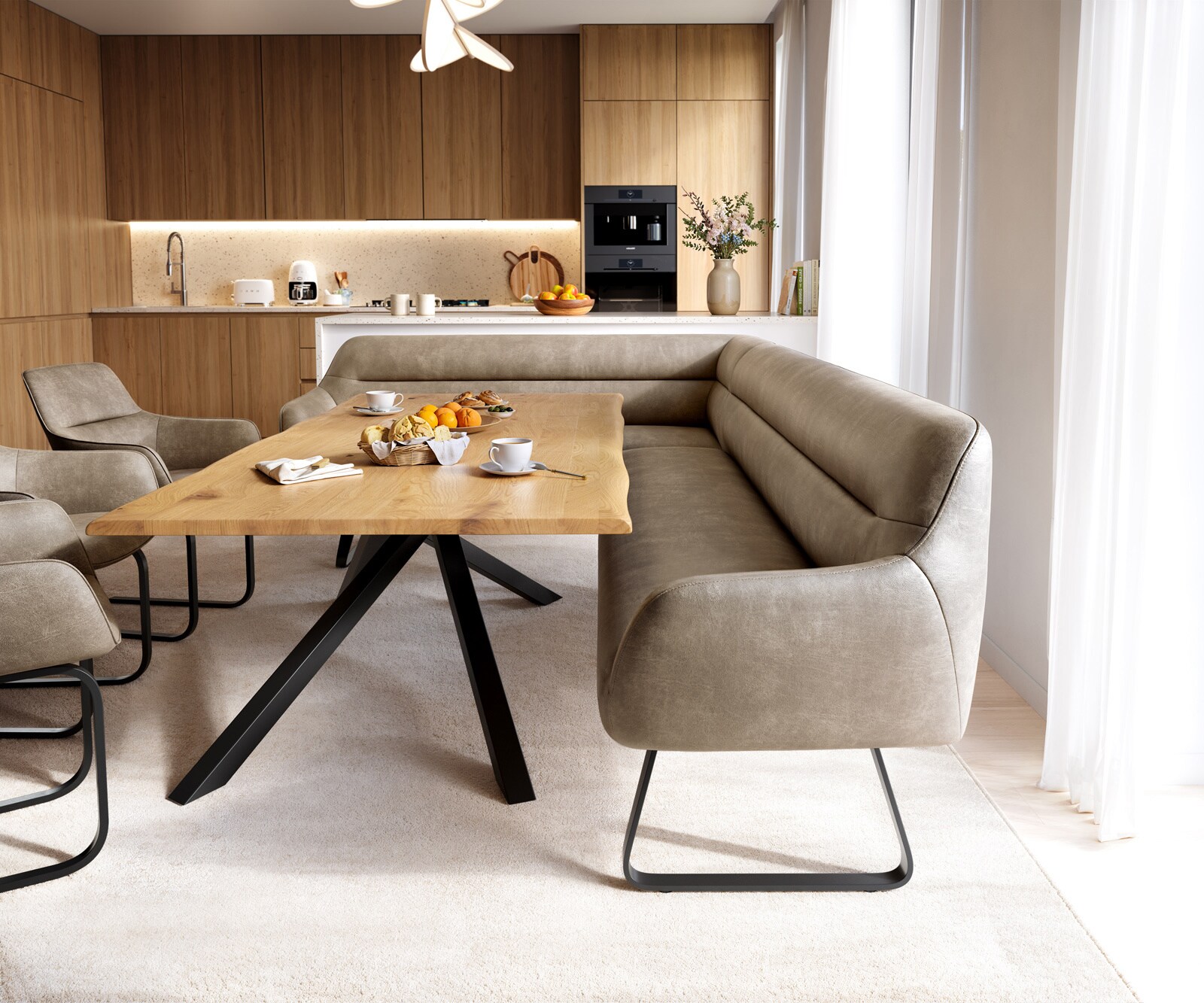 Eetkamerbank Taya-Flex 285x190 cm microvelours beige vintage platte sledebasis zwart pocketvering rechts 2