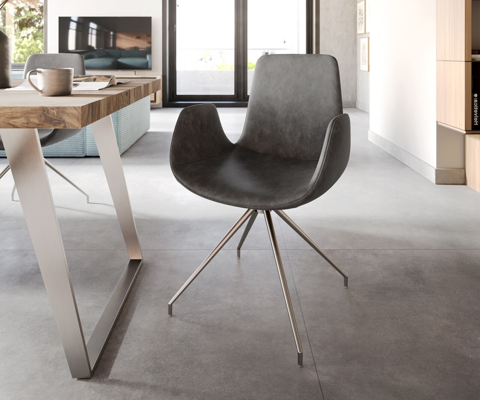 Eetkamerstoel Ilia-Flex met armleuning microvelours antraciet vintage kruisframe conisch roestvrij staal