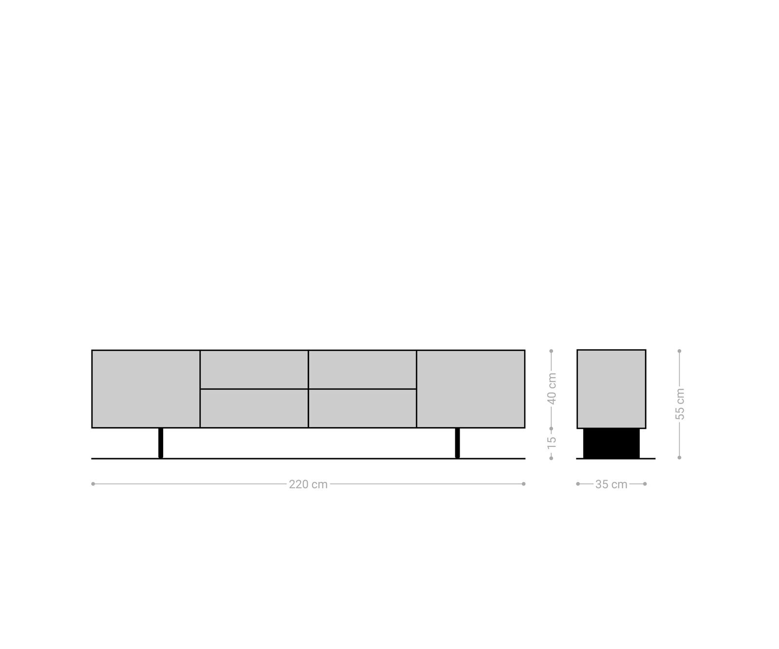 Tv-meubel Solu 220 cm natuurlijk eiken 2 deuren 4 laden onderstel zwevend metaal zwart 3D front 8
