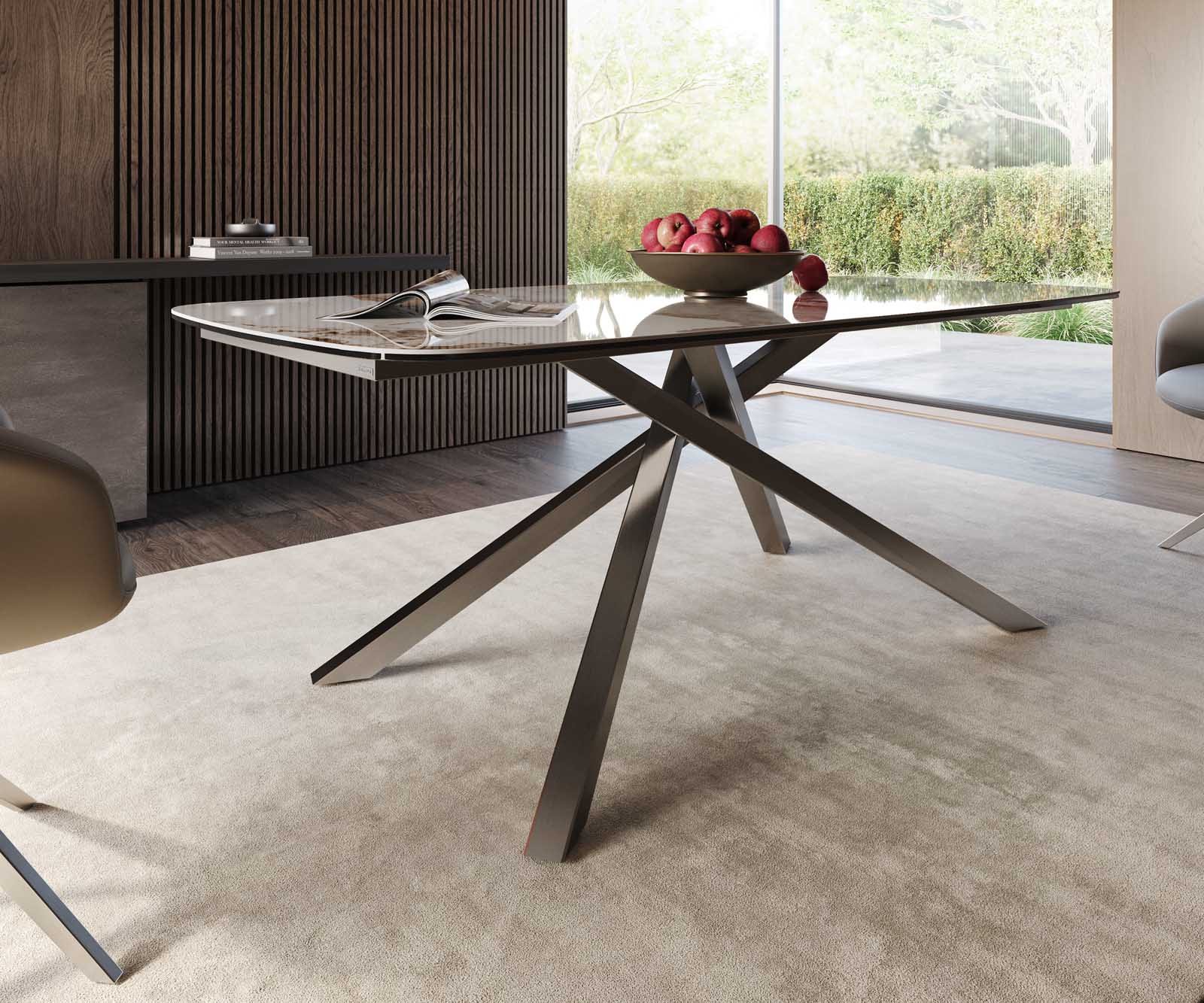 Eetkamertafel Edge Boot 200x100 keramiek Minas Melange wit-beige kruisframe rechthoek RVS 5