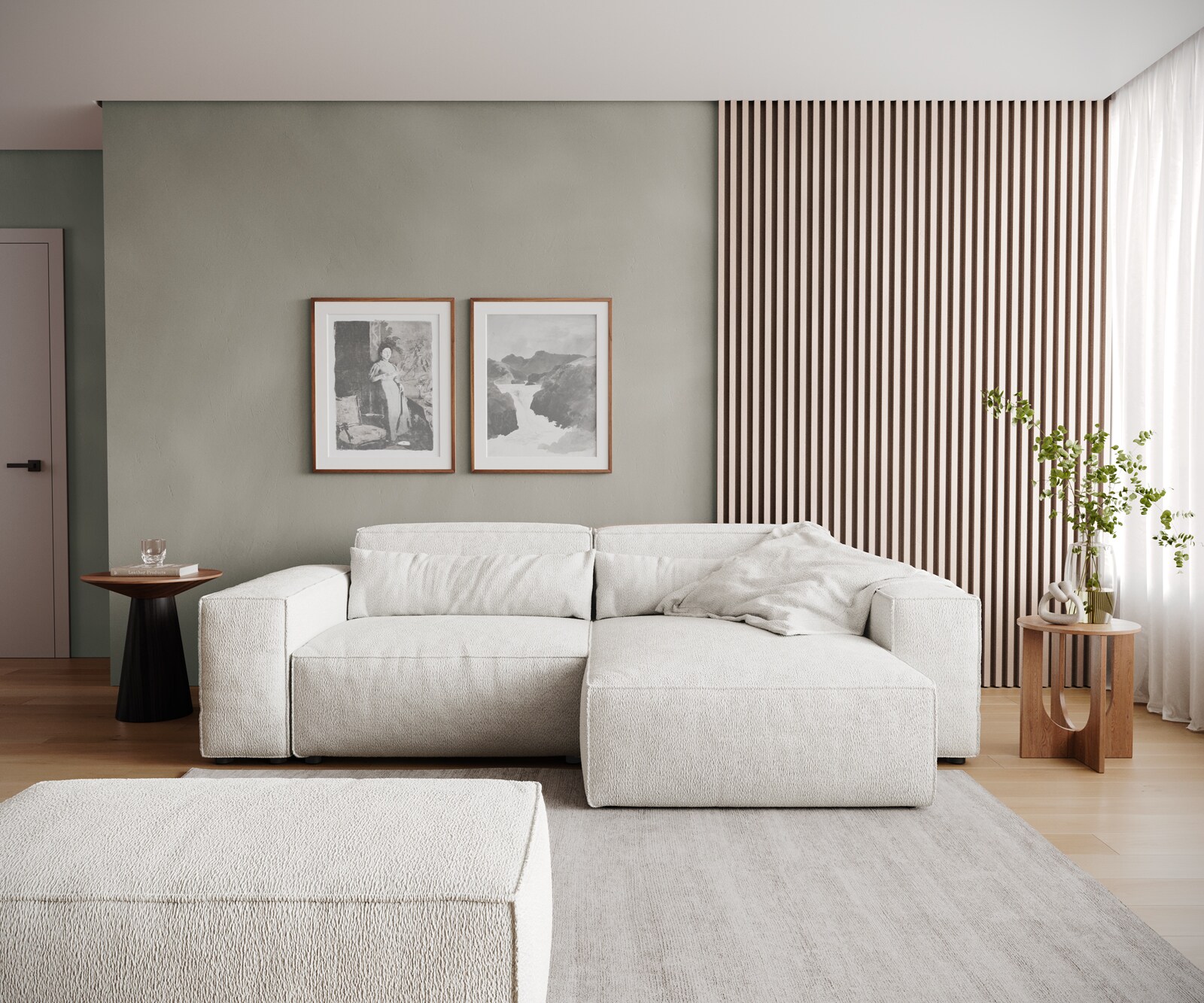 Hoekbank Sirpio 230x155 cm bouclee cream-white recamiere variabel met kruk 1