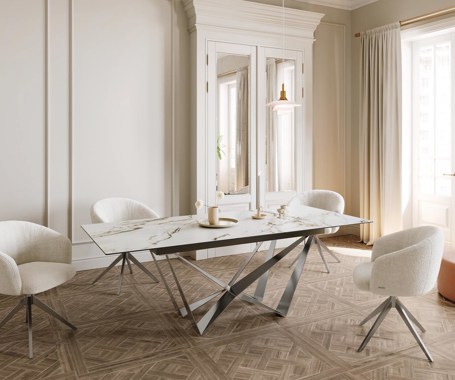 Eetkamertafel Edge 180-220x100 keramiek Calacatta Luxe wit-goud-grijs spider vlak staal RVS uitschuifbaar 5 Eetkamertafel Edge 180-220x100 keramiek Calacatta Luxe wit-goud-grijs spider vlak staal RVS uitschuifbaar 5