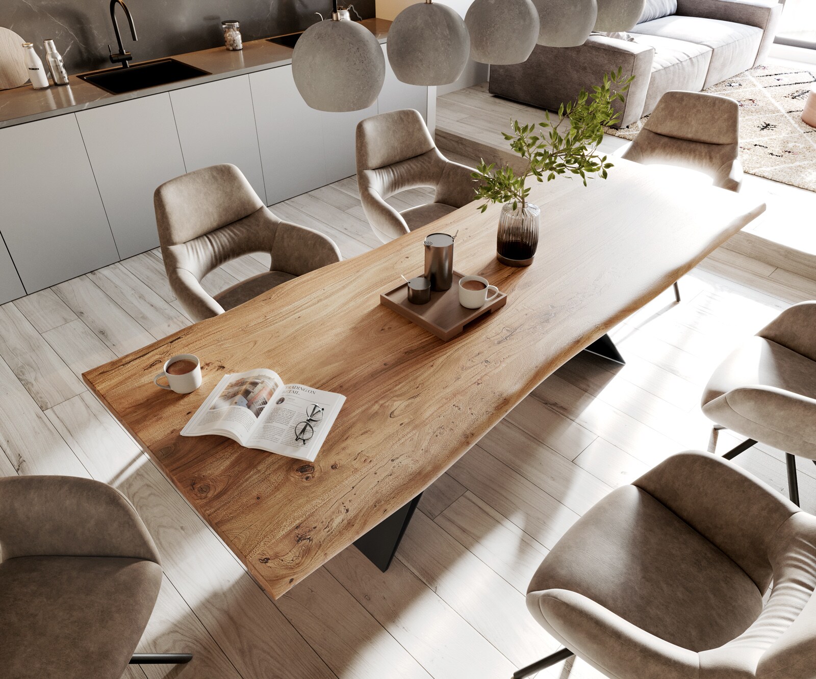 Eettafel Edge 260x100 acacia natuur V-frame vlakstaal zwart Live-Edge 4
