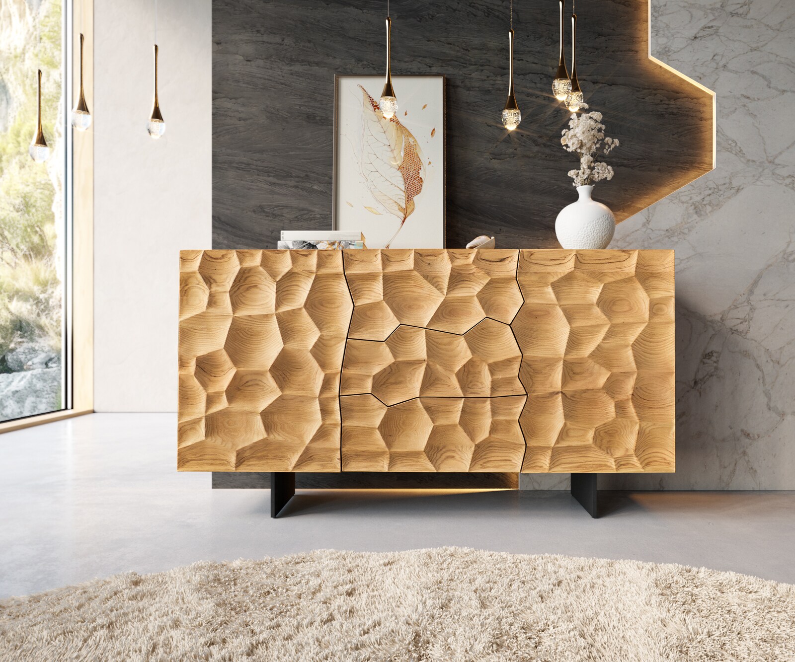 Dressoir Solu 145 cm natuur eiken 2 deuren 3 laden onderstel zwevend metaal zwart 3D front 1