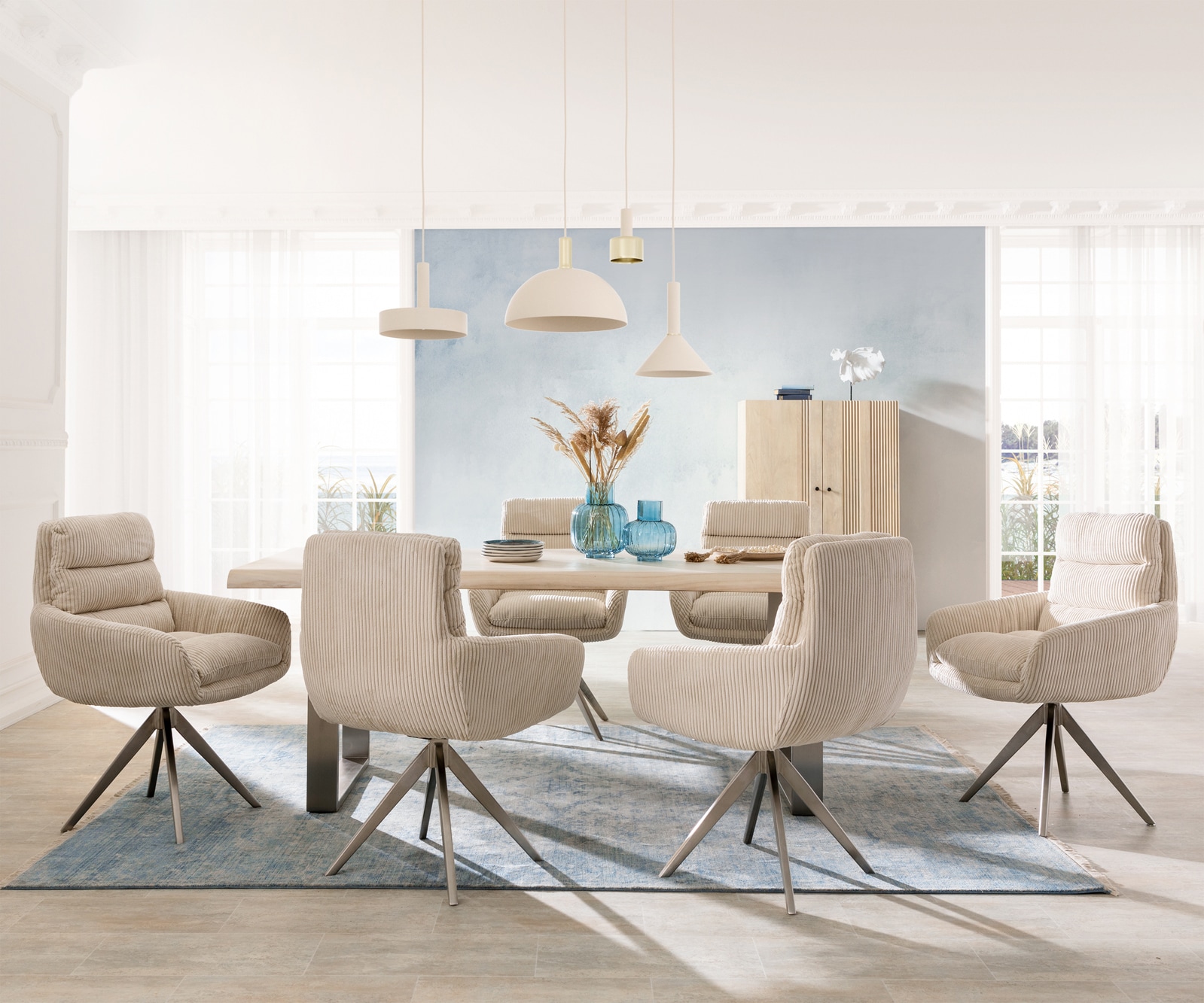 Eetkamerstoel Abelia-Flex met armleuning koord beige kruisframe hoekig roestvrij staal 3 Eetkamerstoel Abelia-Flex met armleuning koord beige kruisframe hoekig roestvrij staal 3