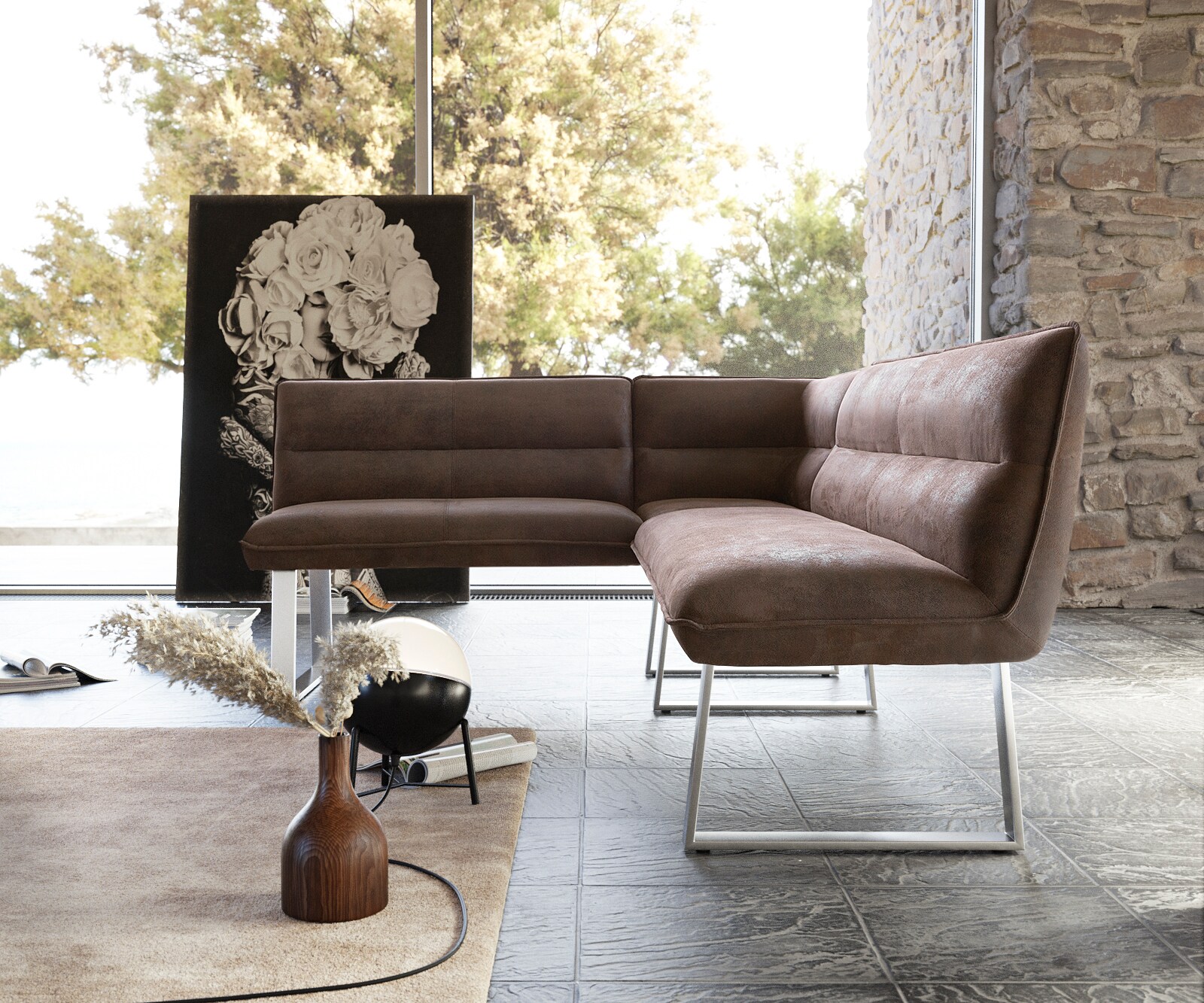 Hoekbank Salvo 200x160 cm bruin vintage roestvrij staal bankframe variabel 4