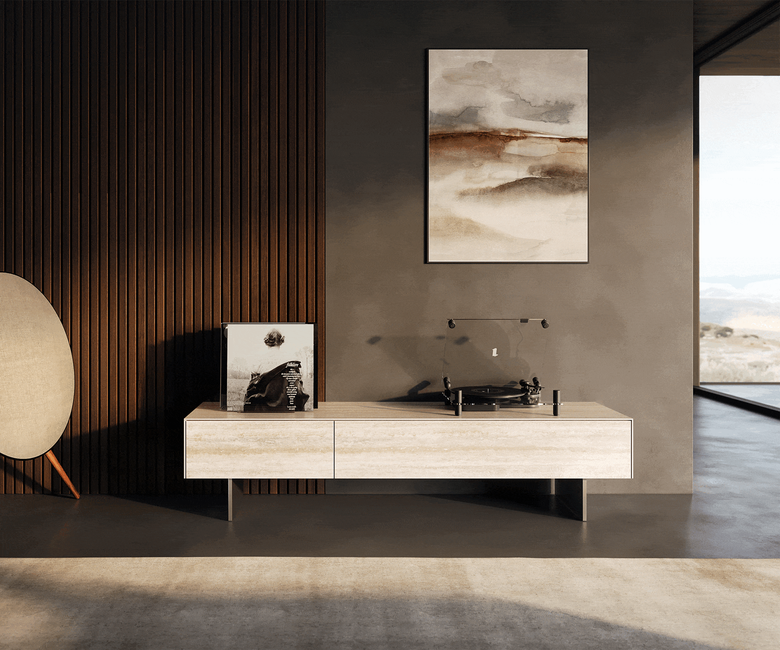 Tv-meubel Cuor 150 cm Keramiek Laminam® Travertino Bianco Crème-wit 1 Flap 1 Lade Zwevende voet look Roestvrij staal 1