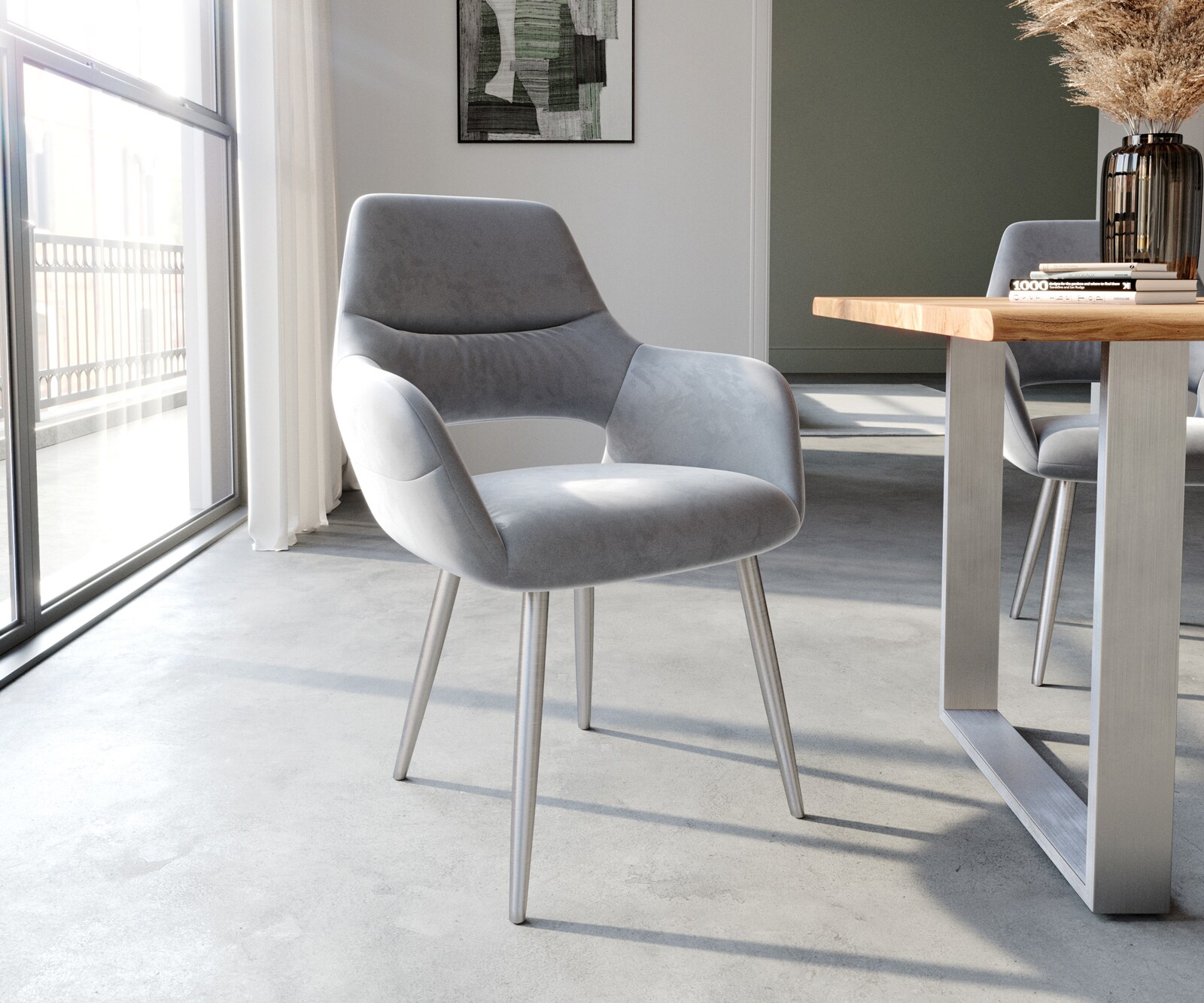 Eetkamerstoel Yago-Flex met armleuning fluweel grijs 4-poot conisch roestvrij staal pocketveer kern Eetkamerstoel Yago-Flex met armleuning fluweel grijs 4-poot conisch roestvrij staal pocketveer kern