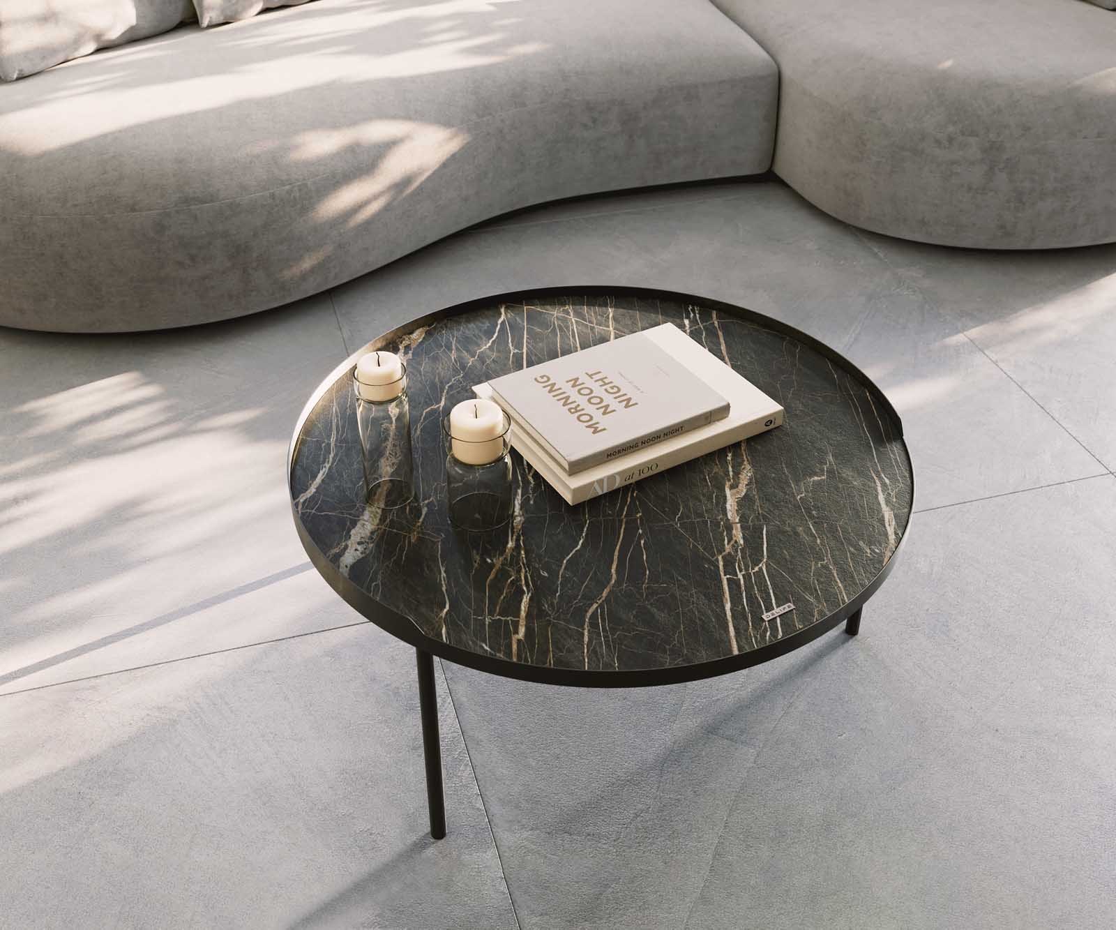 Salontafel Torell 80x80 cm keramiek Laminam®Noir Desir Bruin Metalen onderstel Effectafwerking Titanium 5