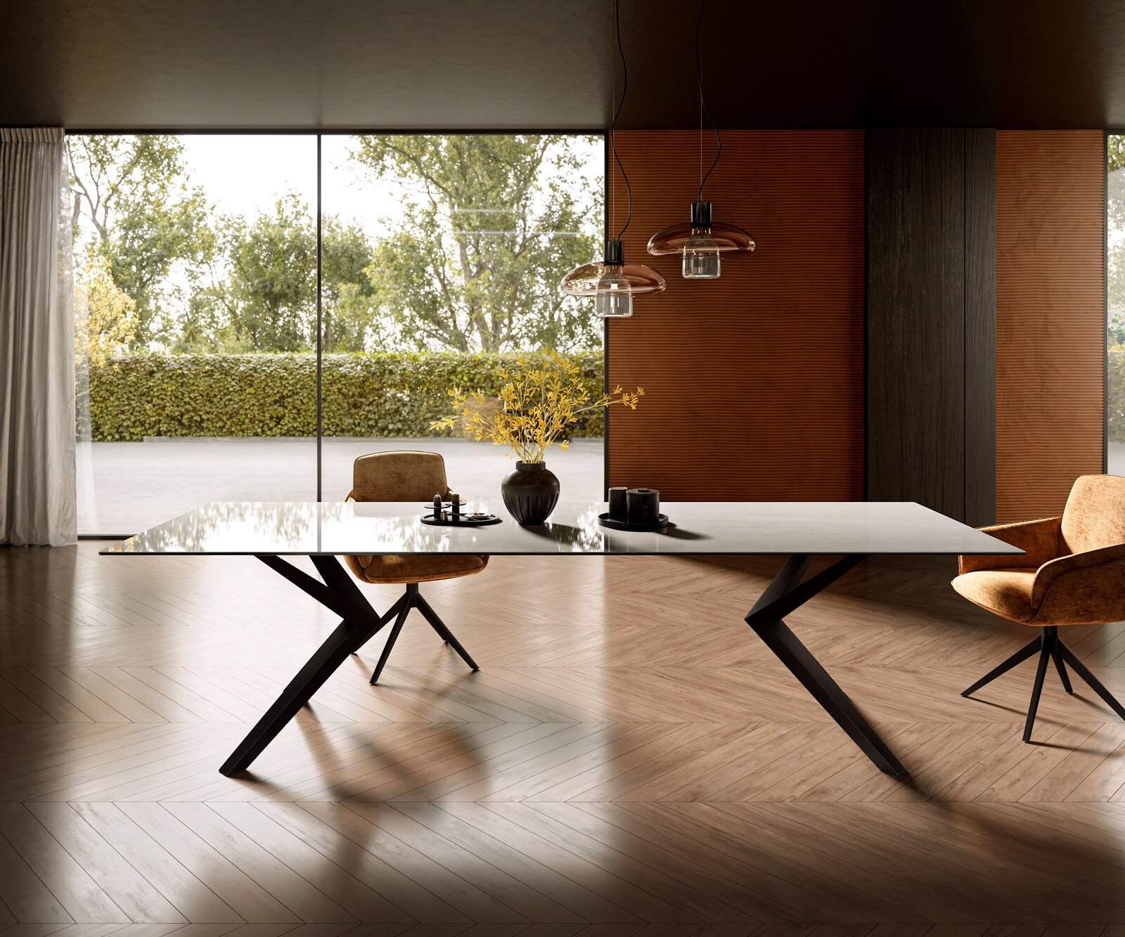 Eettafel Edge 300x100 cm keramiek Onyx Champagne Zenthara hoekig metaal zwart 2