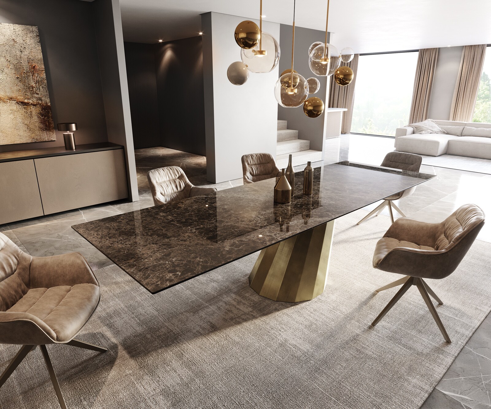 Eettafel Edge 300x100 keramiek  Laminam® Emperador Extra Lucidato donkerbruin Parabel metaal goud 1