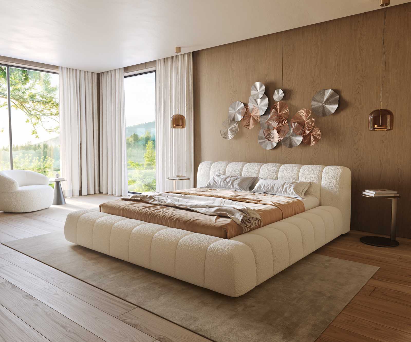 Gestoffeerd bed Cutio 180x200 cm Bouclé crème-wit