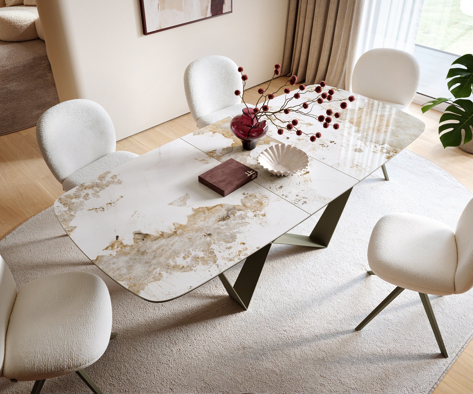 Eettafel Edge Boot 180-220x100 cm Keramiek Minas Melange Wit-Beige Spider Metaal Effectafwerking Titan uitschuifbaar 4