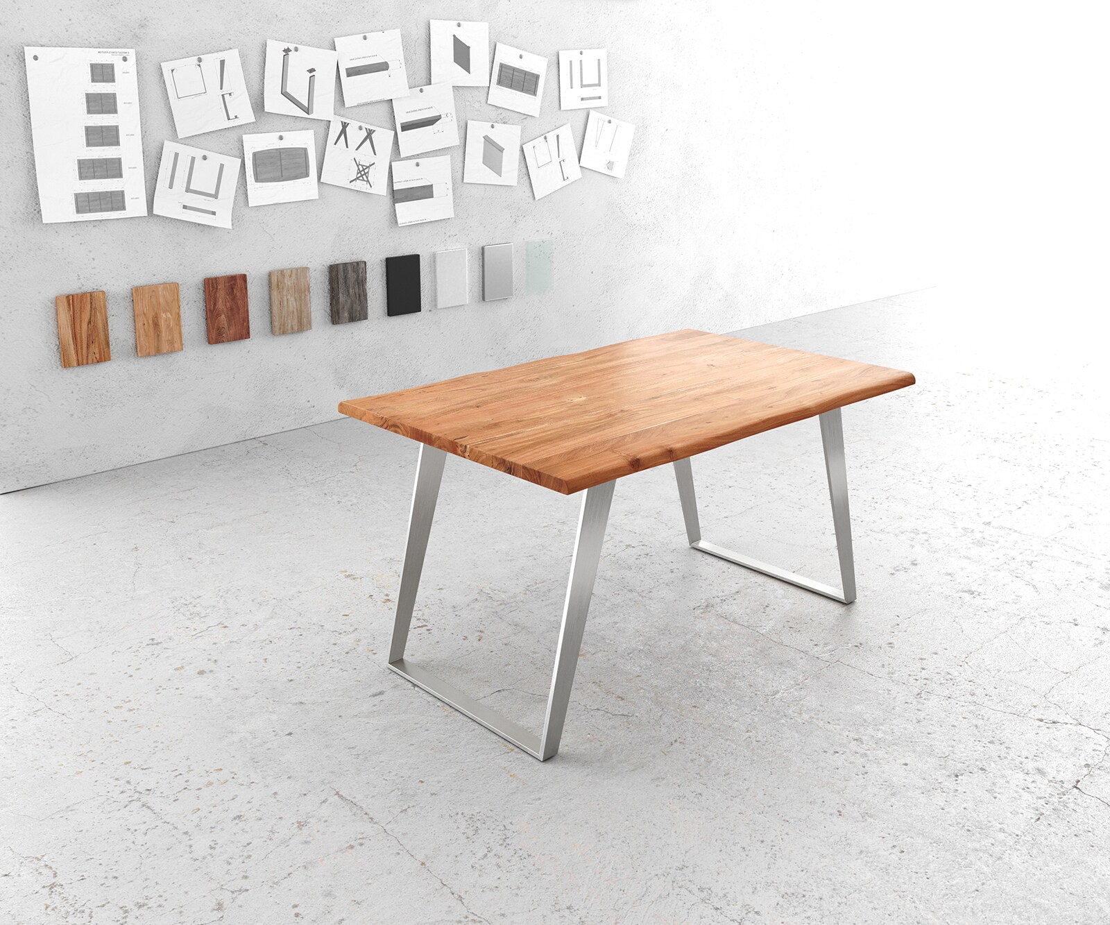 Eettafel Edge 140x90cm acacia natuur roestvrijstaal zilver schuin Live-Edge 1