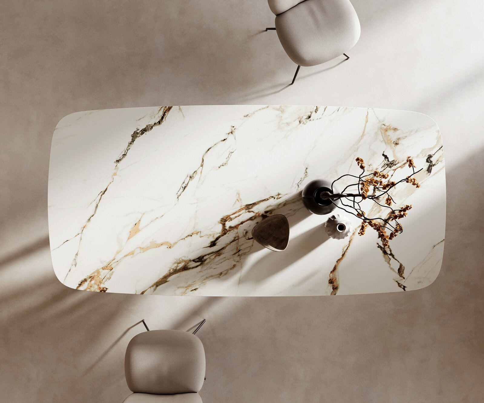 Eettafel Edge boot 240x120cm keramiek Calacatta Luxe wit-goud-grijs pilier roestvrij staal 6