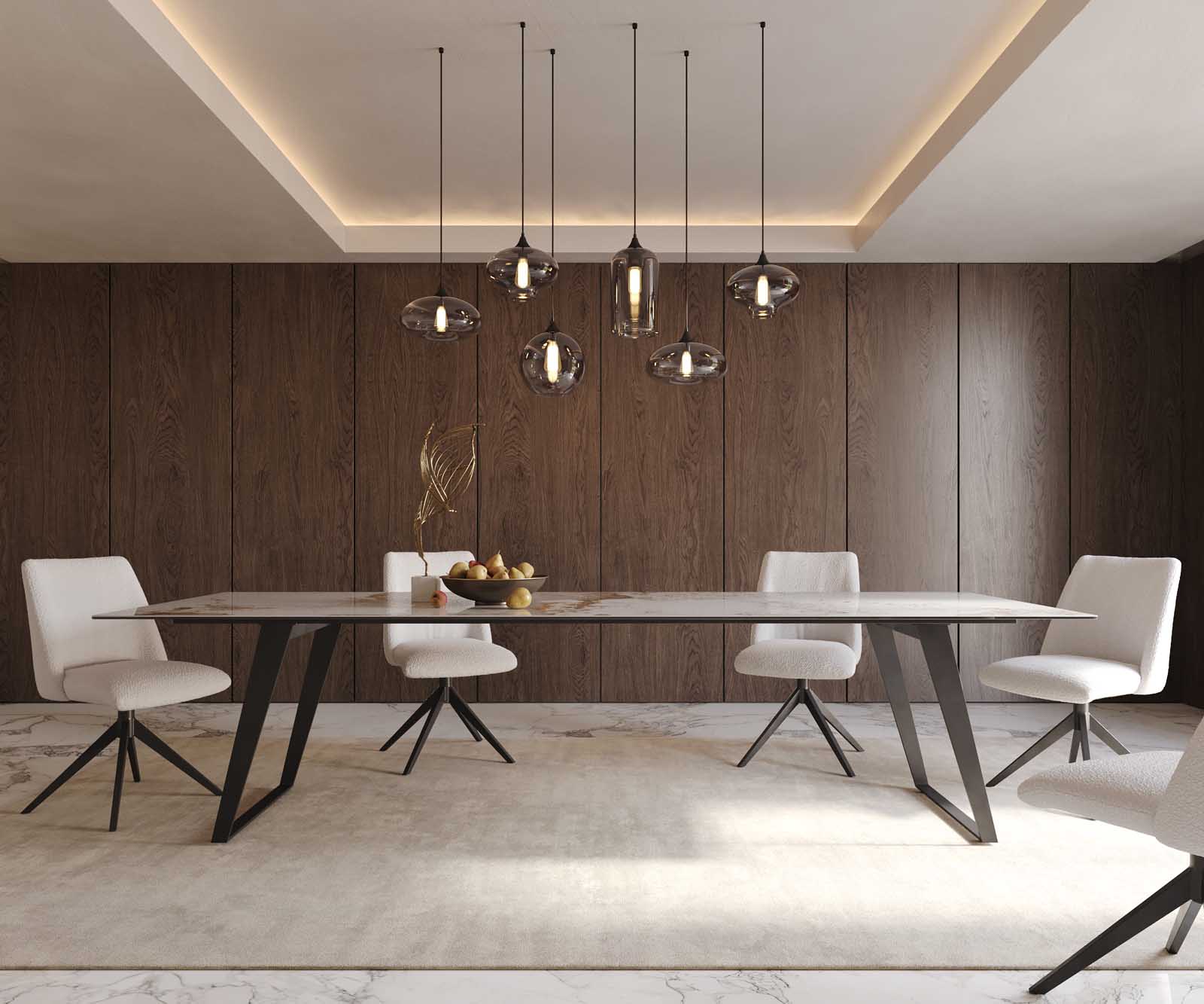 Eetkamertafel Edge 300x100 keramiek Minas Melange wit-beige metaal schuin zwart 2