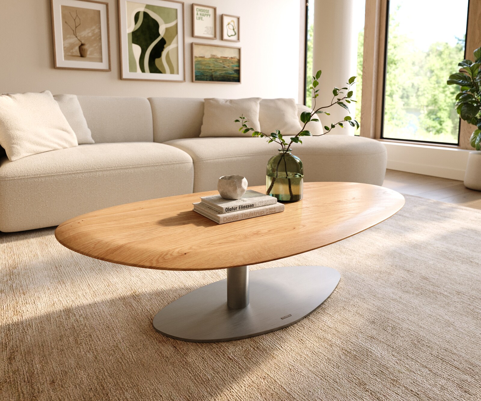 Salontafel Edge Oval 140x75 cm Eiken Naturel ronde rand Vibany geborsteld roestvrij staal 2
