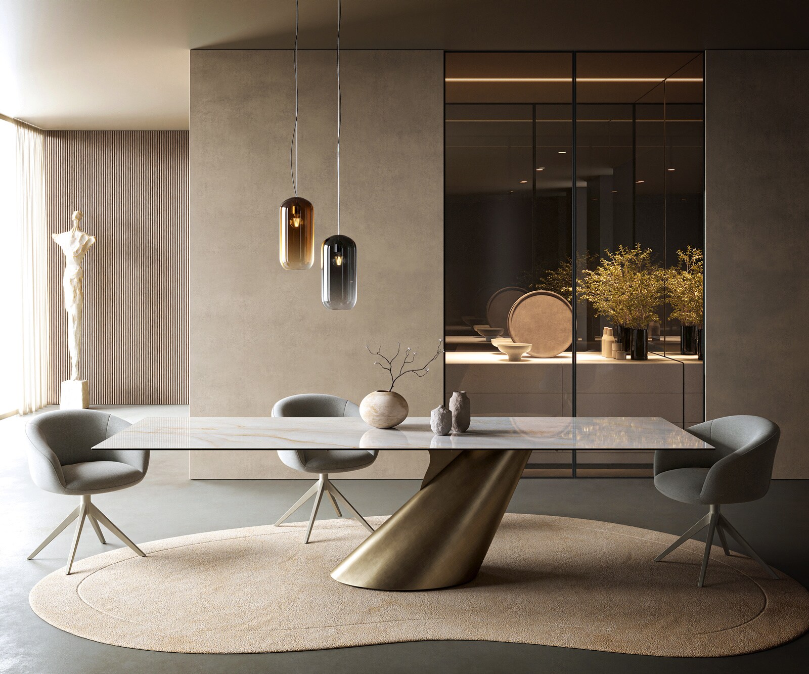 Eettafel Edge 300x100 cm keramiek Onyx Pearl Cono metallic goud 1