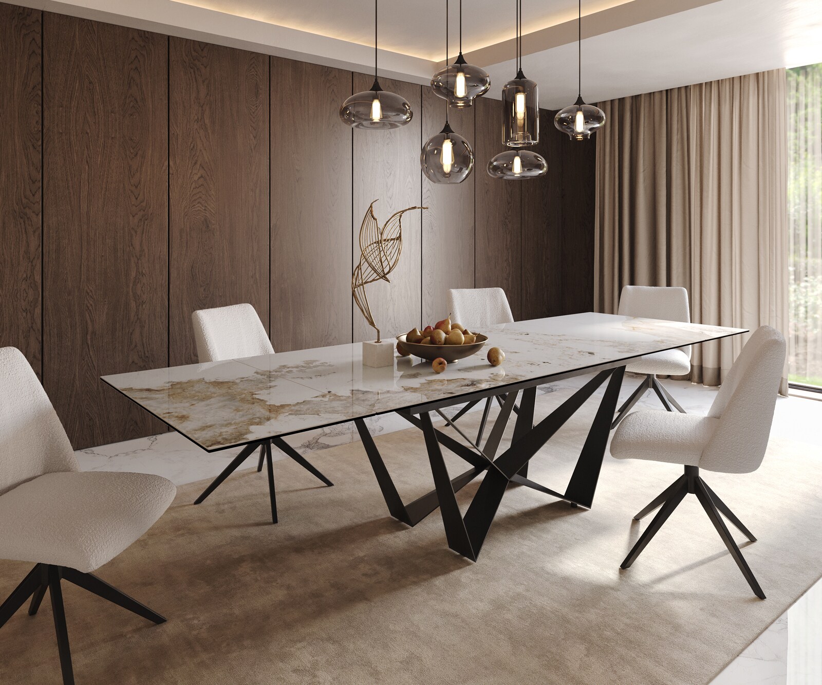 Eetkamertafel Edge 200-300x100 keramiek Minas Melange wit-beige spider vlak staal zwart uitschuifbaar