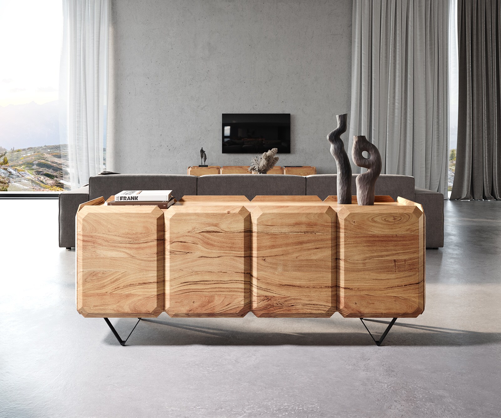 Sideboard Kiano 175 cm Acacia Natuur 4 Deuren V-voet Zwart Roomdivider 1