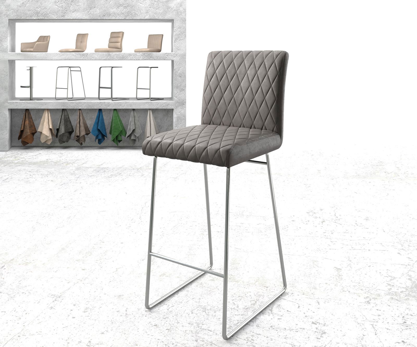 Barstoel Earnest-Flex diamant quilten antraciet vintage slipframe roestvrij staal 1