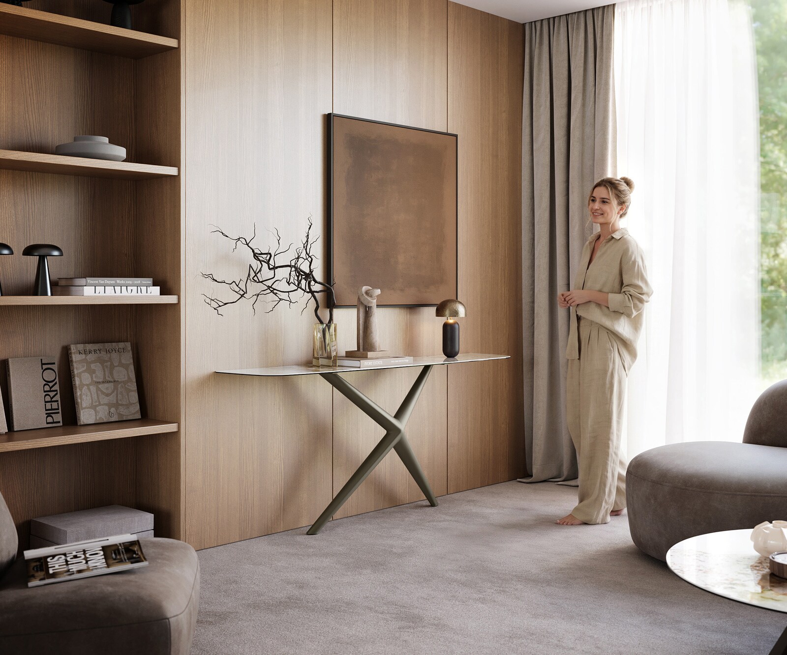 Consoletafel Edge Bootvorm 180x40 cm Keramiek Minas Melange Weiß-Beige Estelo Metaal Effektfinish Titan 7