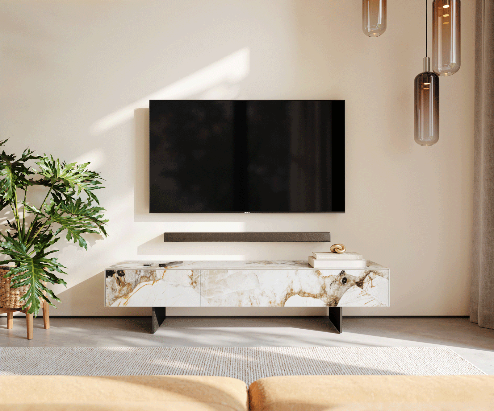 Tv-meubel Cuor 150 cm Keramiek Patagonia gepolijst 1 Flap 1 Laden Zwevende voet look Metaal Zwart 2