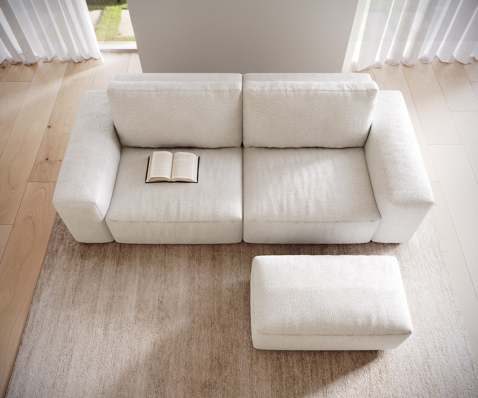 Big-sofa Lanzo 230x95 cm bouclé crème-wit met hocker 3