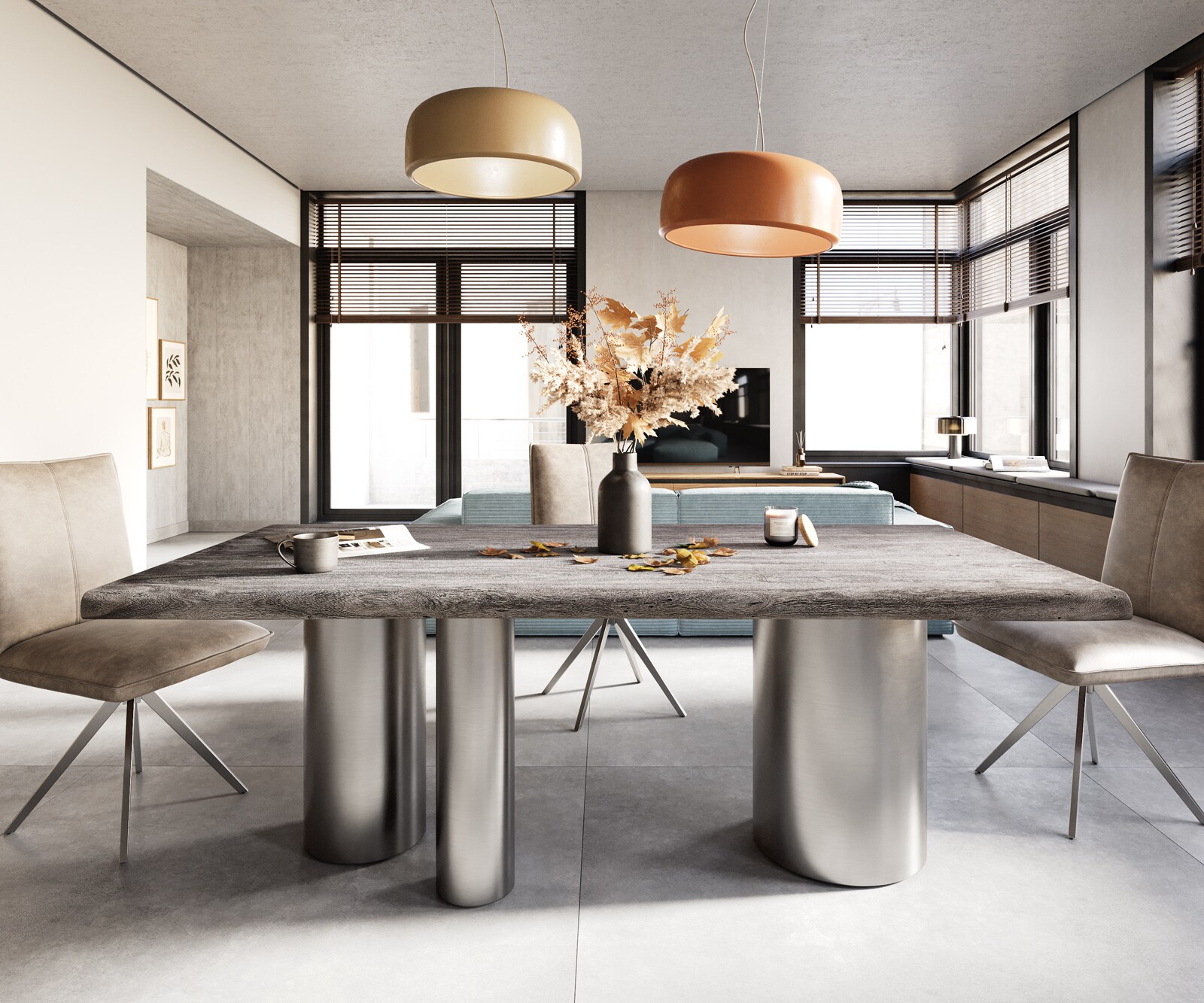 Eettafel Edge 200x100 XL acacia Platin Troa RVS geborsteld Live-Edge 1