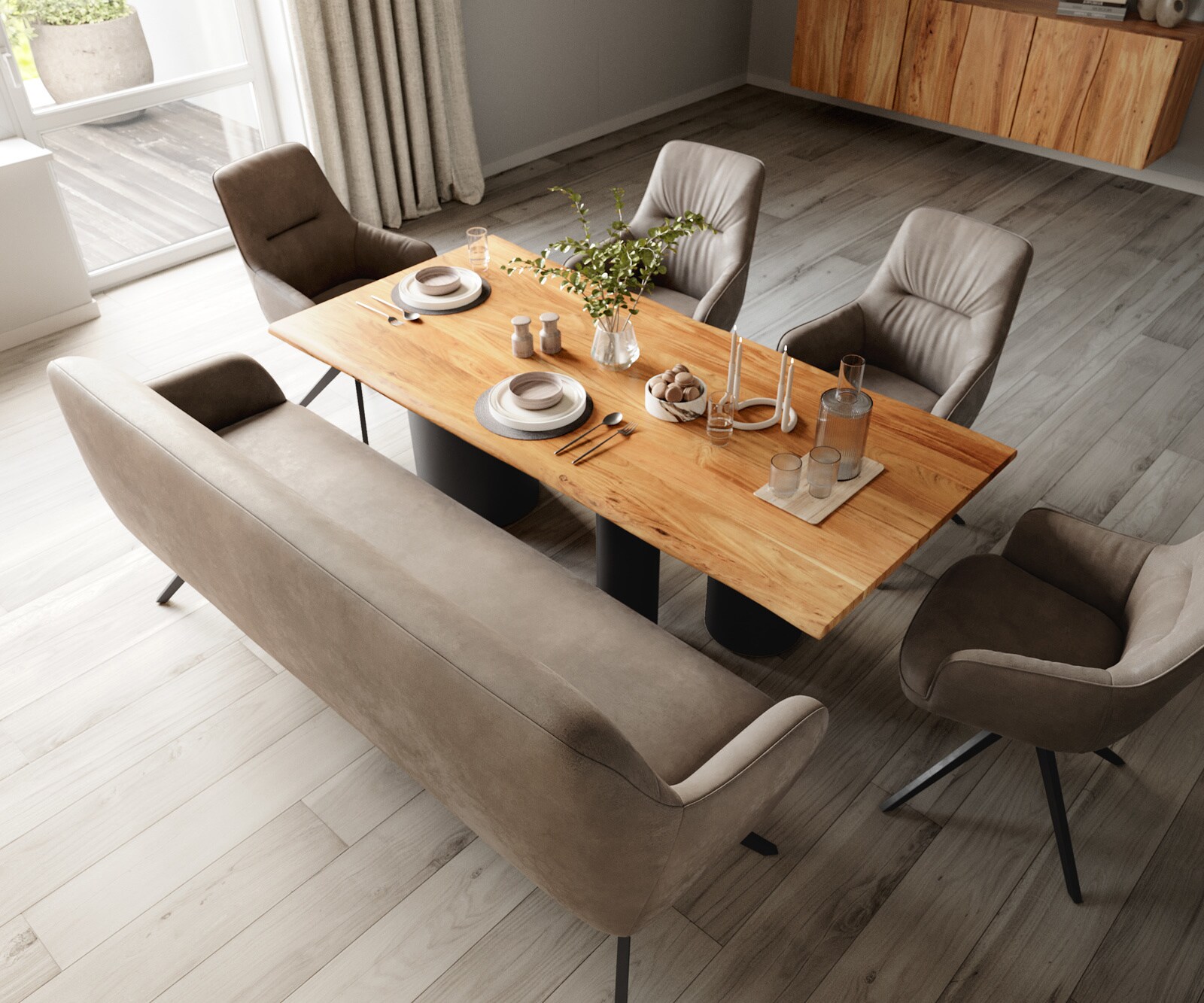 Eetkamerbank Taya-Flex 200 cm microvelours taupe vintage hoekig kruisframe zwart pocketvering 3