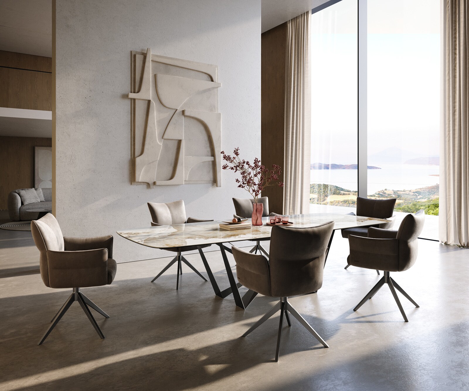 Eettafel Edge Boot 300x120 cm Keramiek Minas Melange Wit-Beige Spider Flachstahl Roestvrij staal Grafiet 6