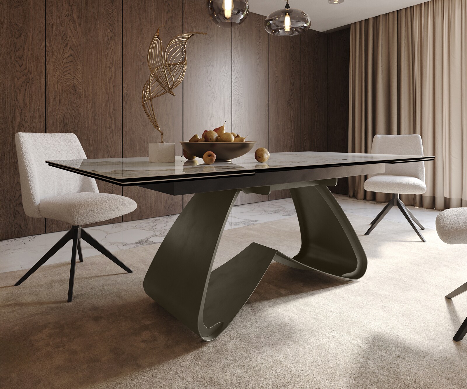 Eettafel Edge 200-300x100 Keramiek Minas Melange Wit-beige W-frame Effectafwerking Titanium Uitschuifbaar 6