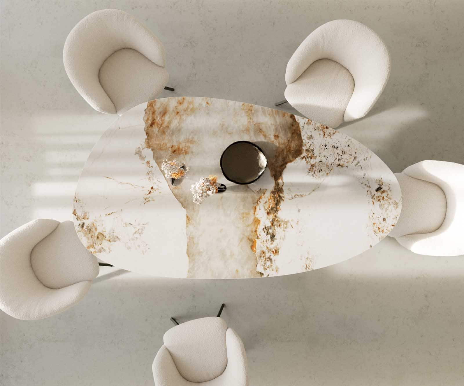 Eettafel Edge ovaal 220x120 keramiek Minas Melange wit-beige pilier metaal effect afwerking titanium 5 Eettafel Edge ovaal 220x120 keramiek Minas Melange wit-beige pilier metaal effect afwerking titanium 5