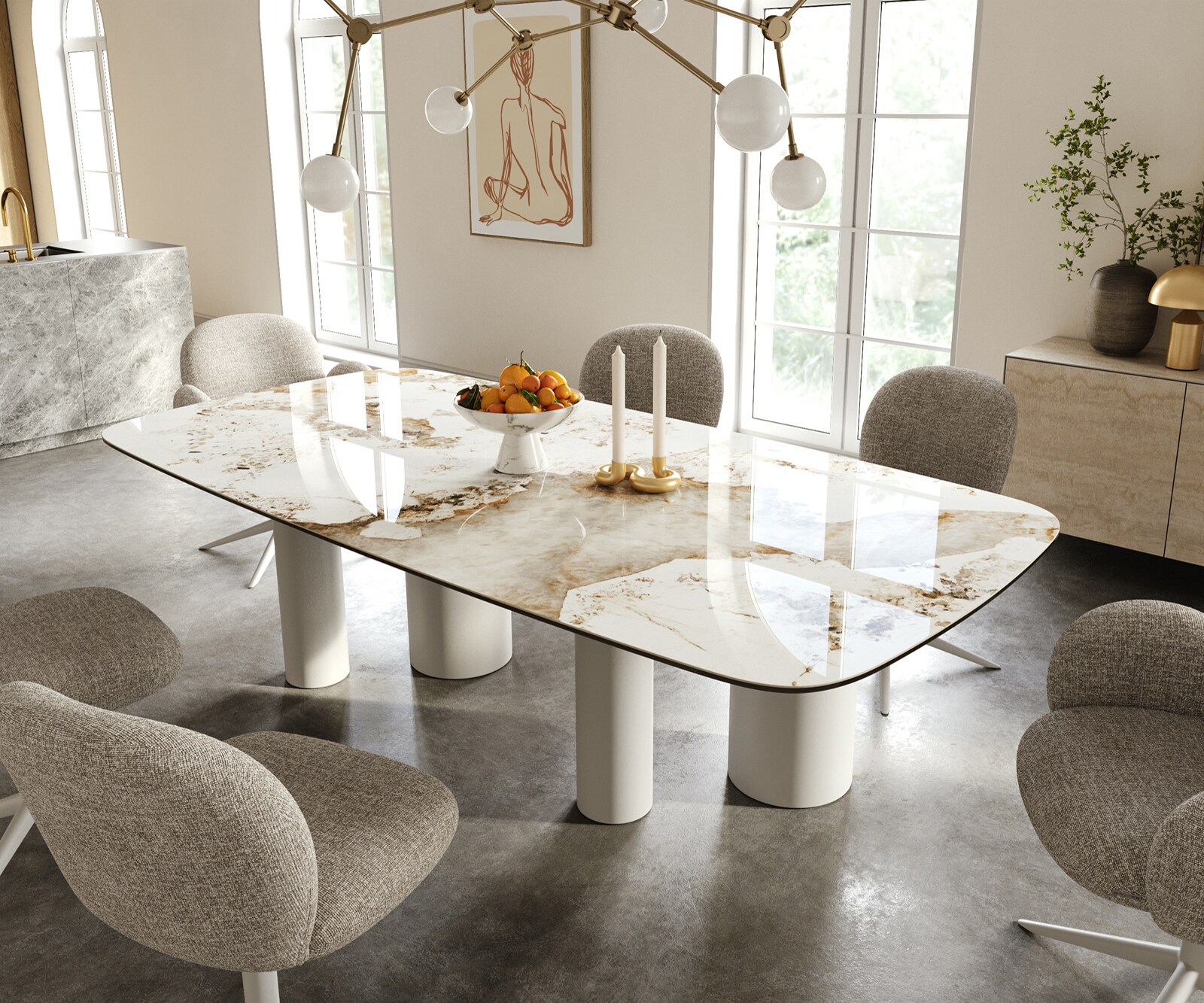 Eettafel Edge Boot 240x120 cm Keramiek Minas Melange Wit-Beige Pilier Metaal Wit